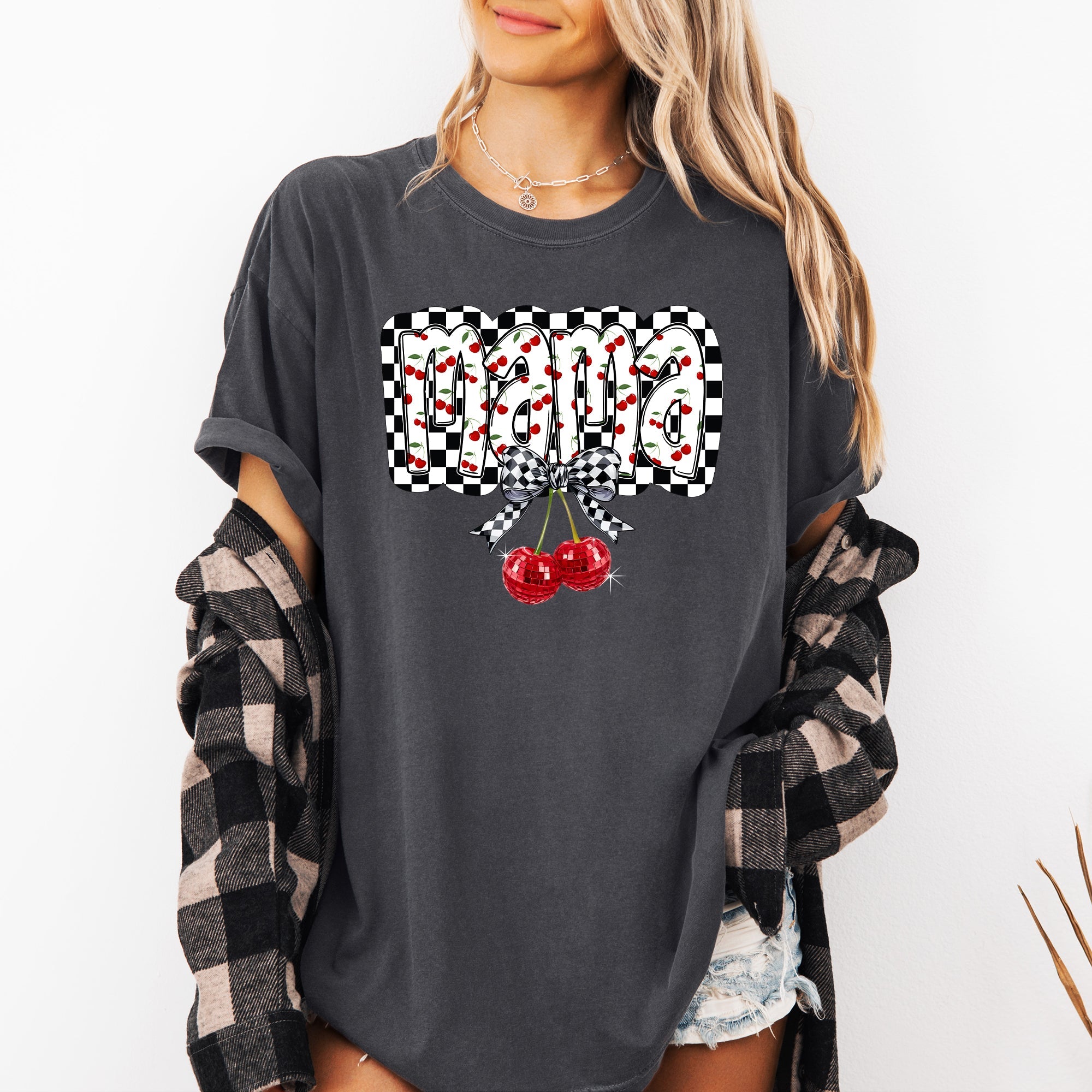 Mama Cherries Checkered Retro Vintage Look Cozy Nostalgic Classic Americana Plaid Vibe Comfort Colors Tee