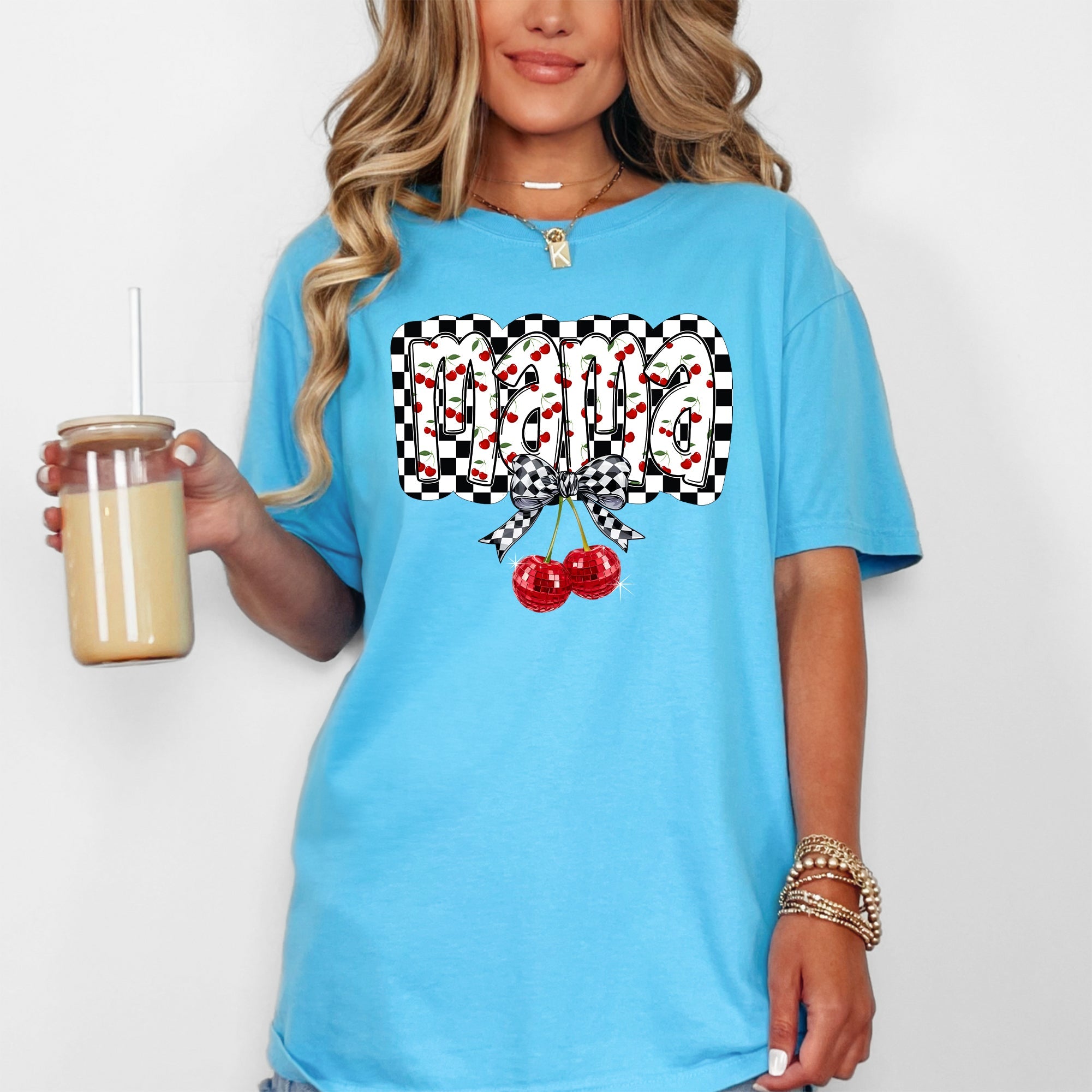 Mama Cherries Checkered Retro Vintage Look Cozy Nostalgic Classic Americana Plaid Vibe Comfort Colors Tee