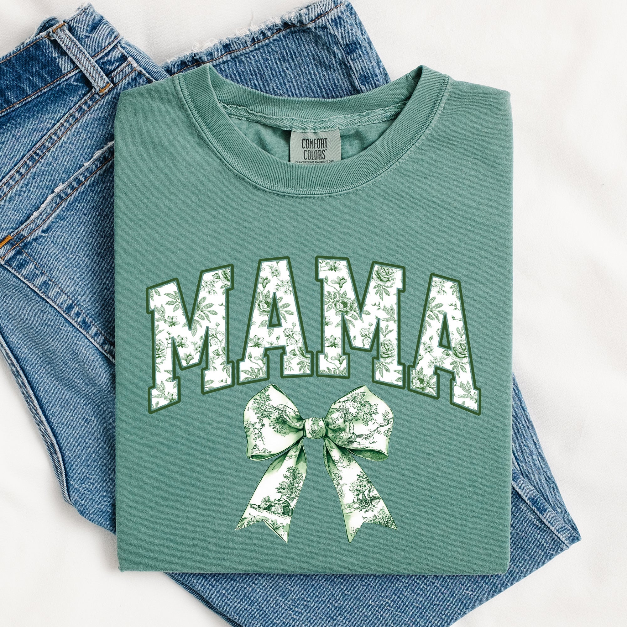 Mama Chinoiserie Coquette Bow Ribbon St Patrick's Day Shamrock Clover Lucky Leprechaun Comfort Colors Tee