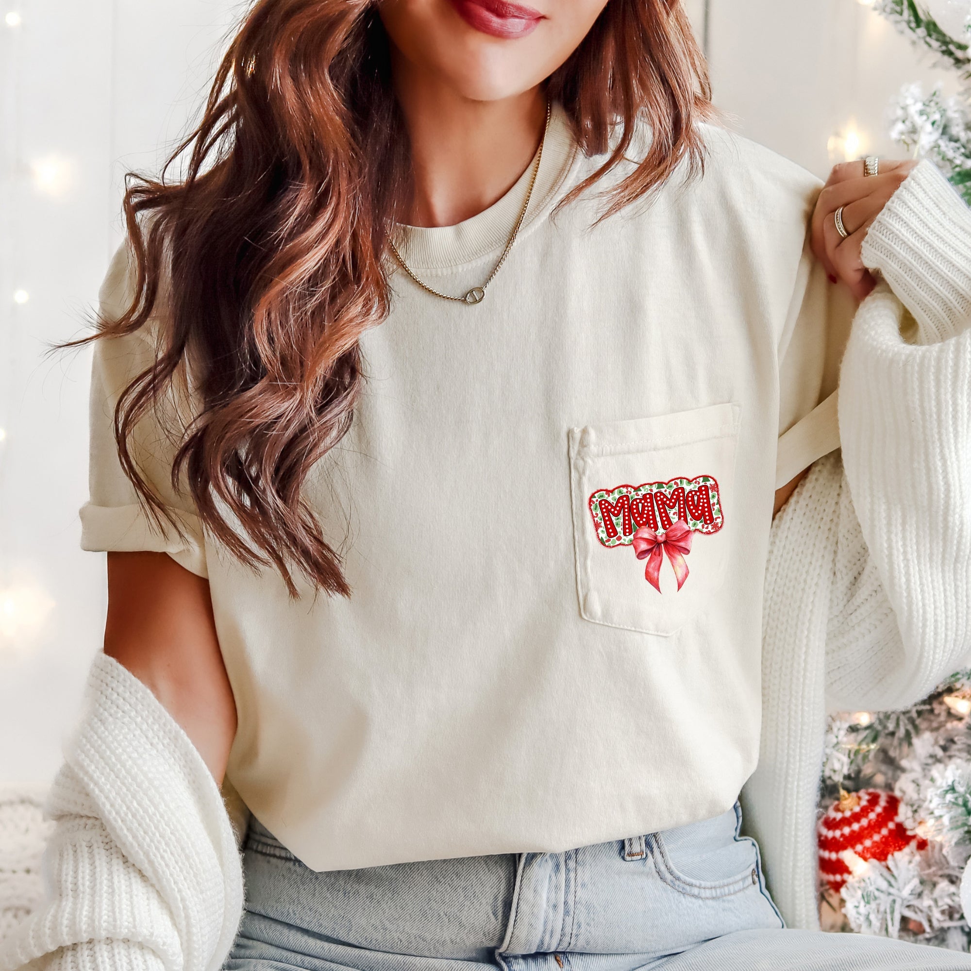 Mama Christmas Bow Retro Pocket Santa Winter Vintage Holiday Pocket Tee Comfort Colors Tee