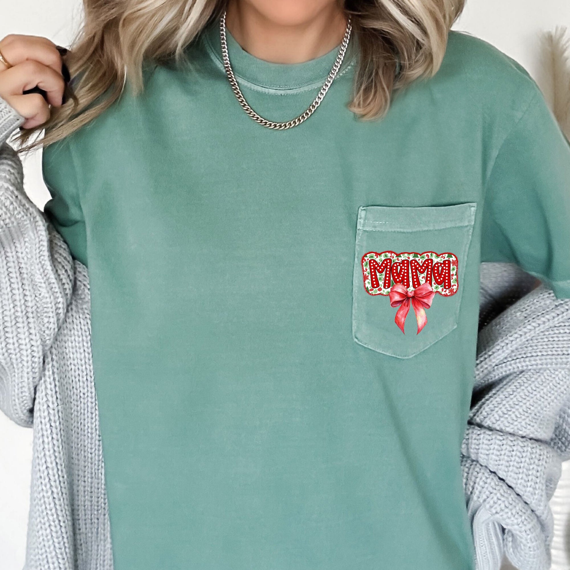 Mama Christmas Bow Retro Pocket Santa Winter Vintage Holiday Pocket Tee Comfort Colors Tee
