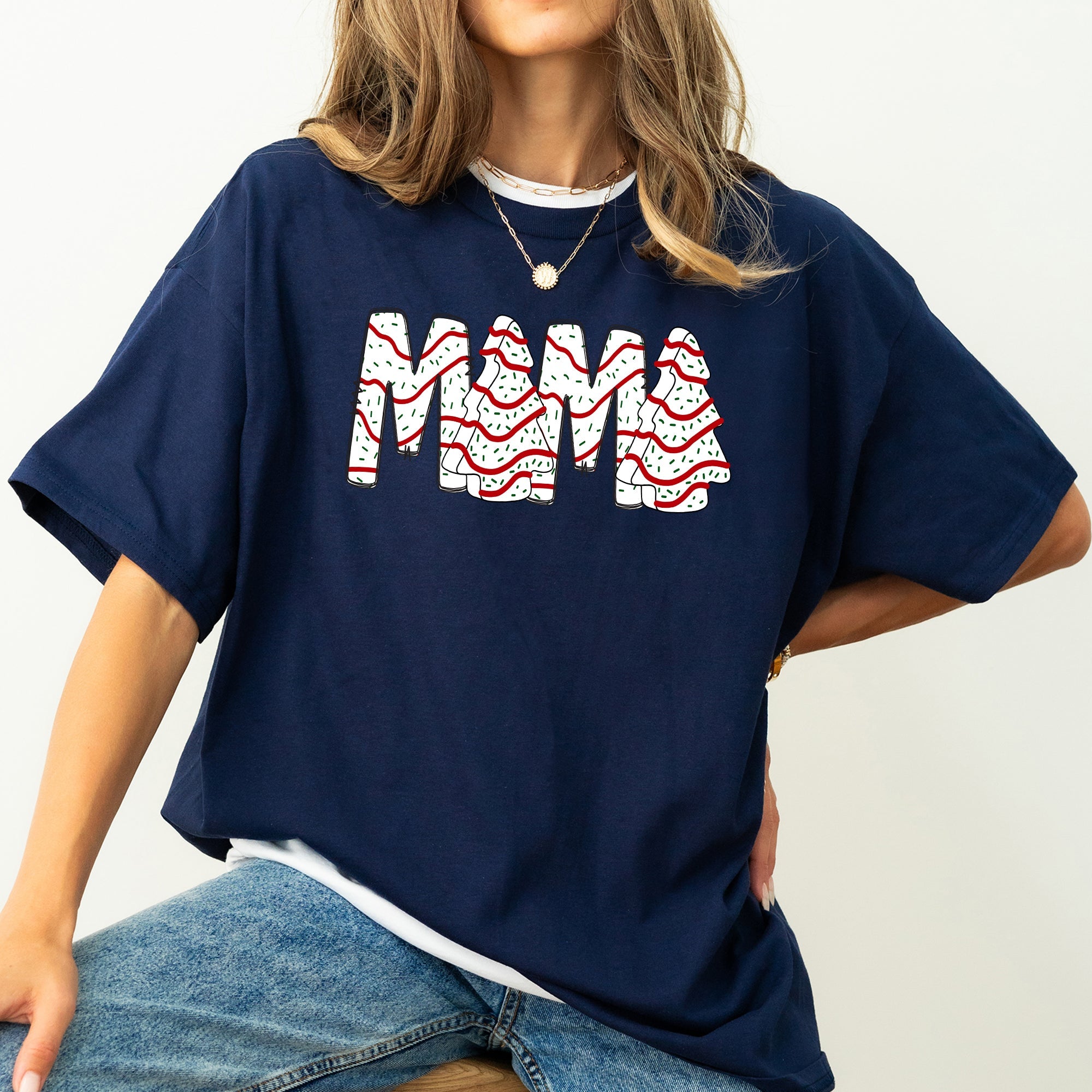 Mama Christmas Cake Santa Winter Snow Varsity Retro Vintage Holiday Edition Comfort Colors Tee