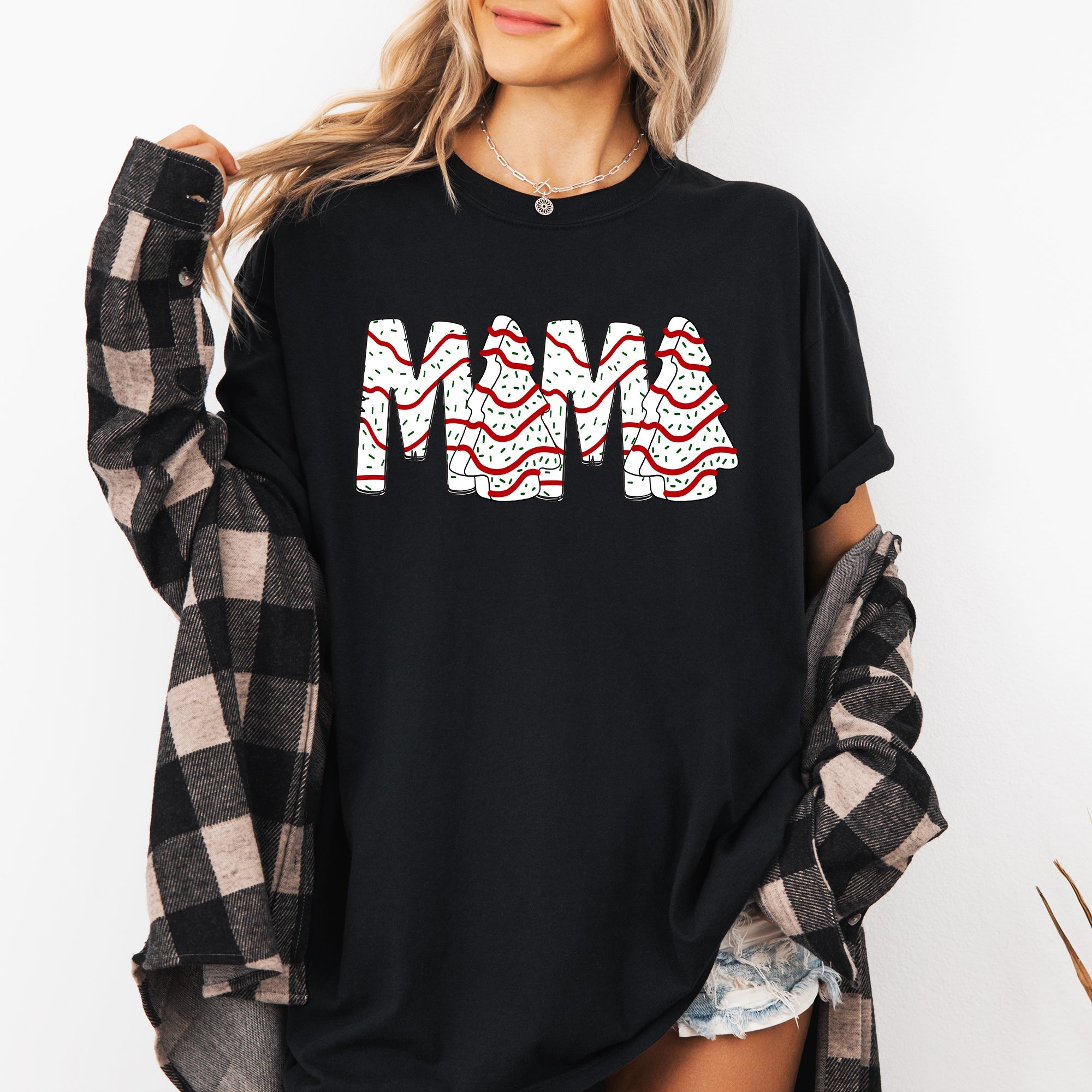 Mama Christmas Cake Santa Winter Snow Varsity Retro Vintage Holiday Edition Comfort Colors Tee