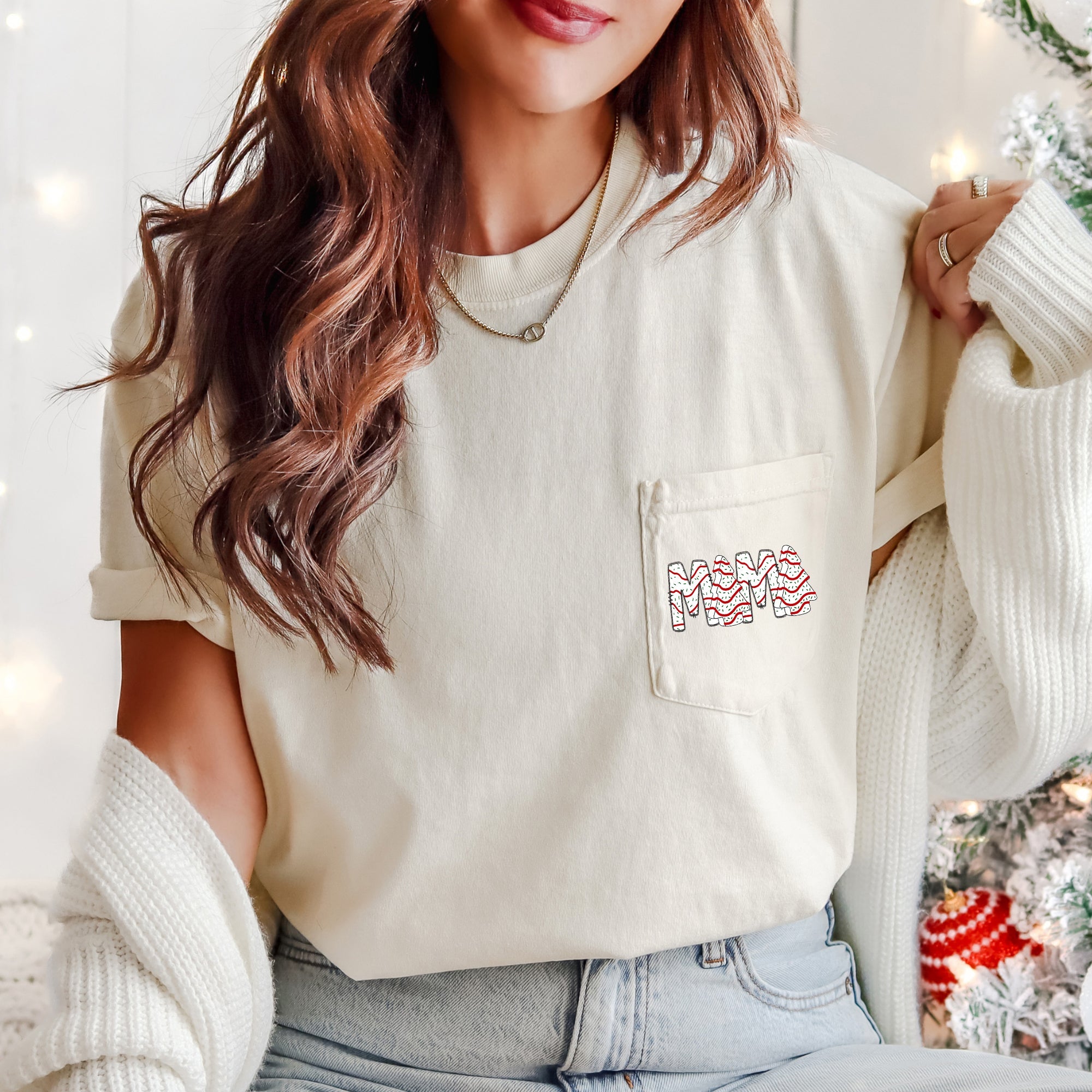 Mama Christmas Cake Santa Pocket Vintage Inspired Cozy Holiday Nostalgic Hand-Drawn Style Illustration Comfort Colors Tee