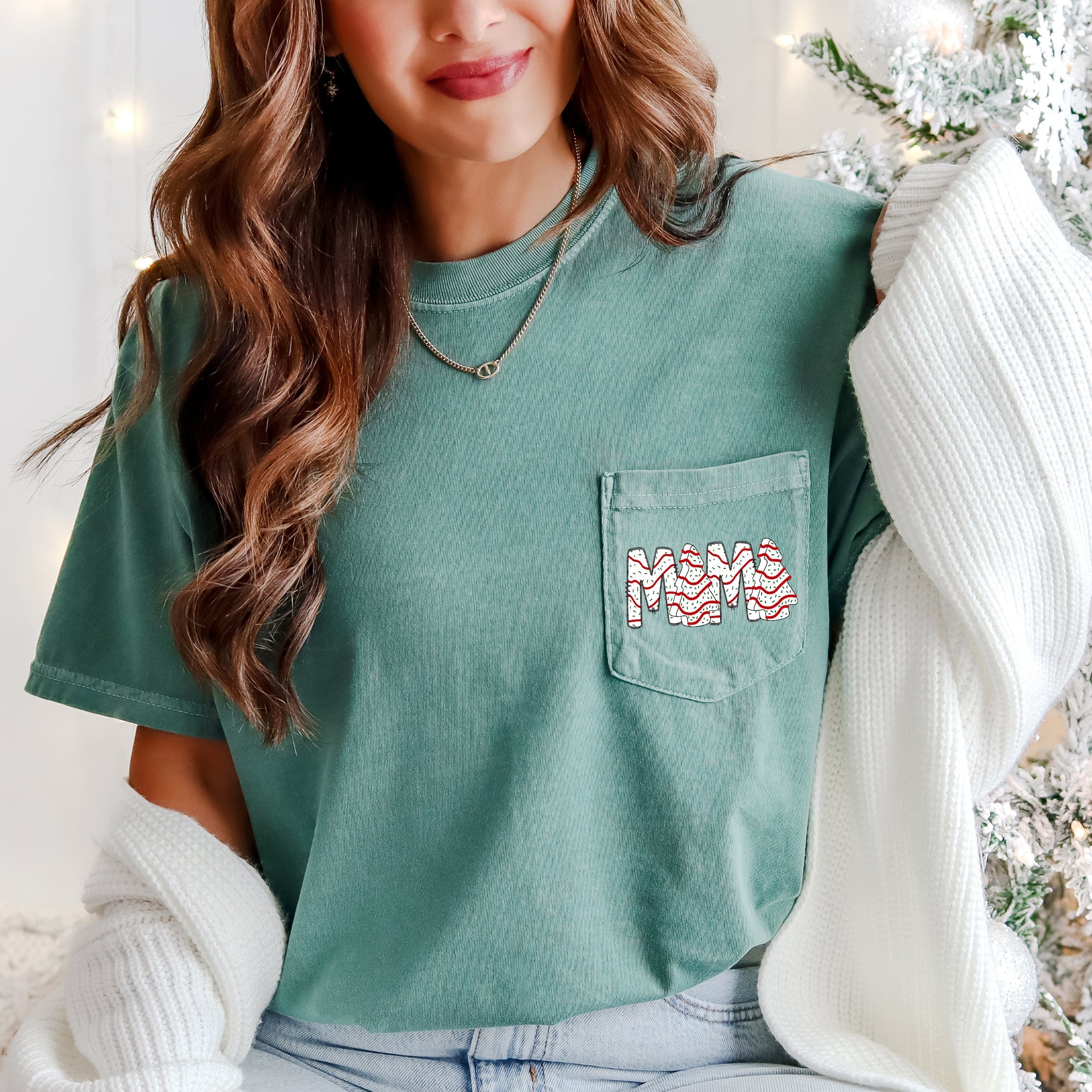 Mama Christmas Cake Santa Pocket Vintage Inspired Cozy Holiday Nostalgic Hand-Drawn Style Illustration Comfort Colors Tee