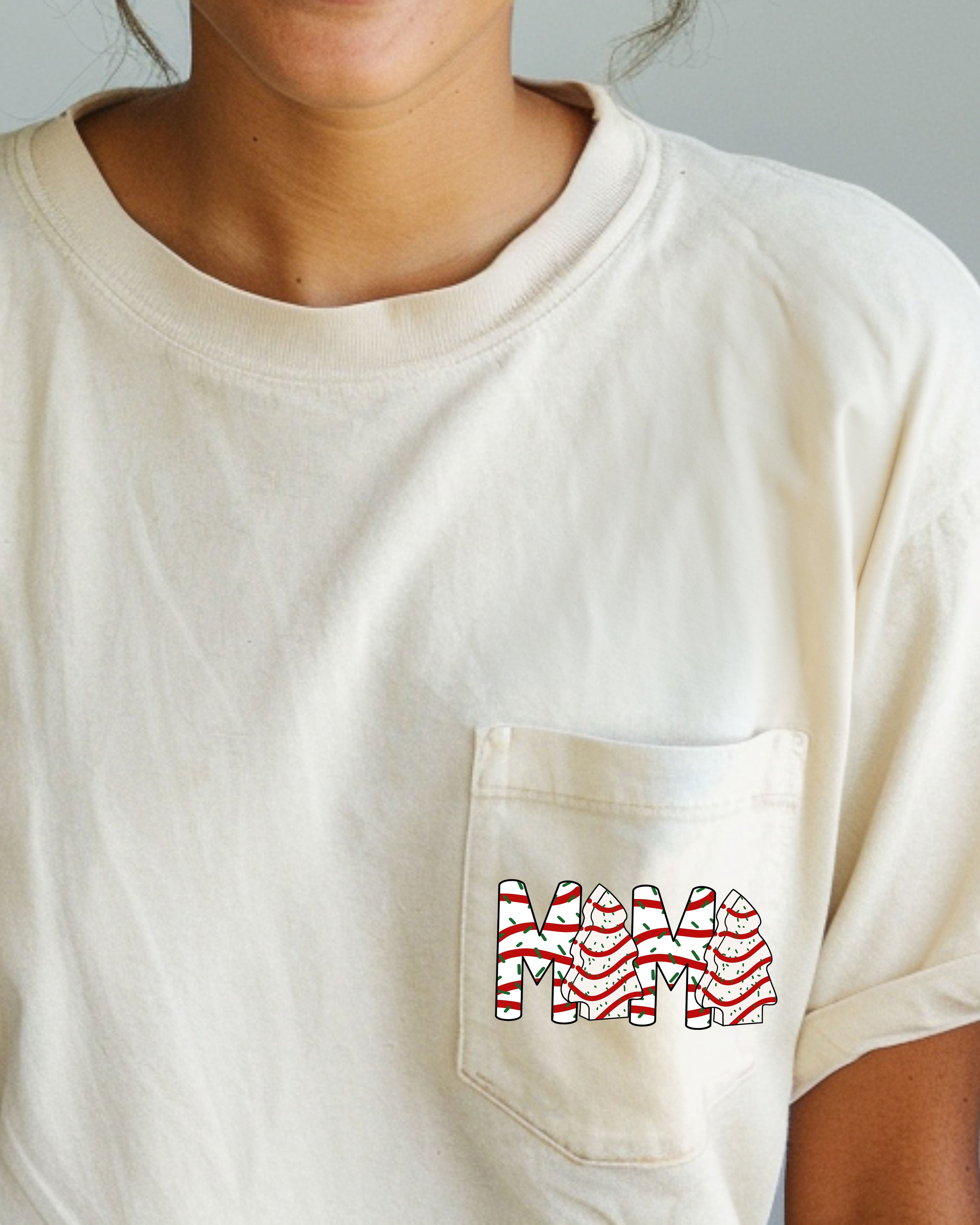 Mama Christmas Cakes Pocket Santa Snow Xmas Vintage Cozy Holiday Print Comfort Colors Tee