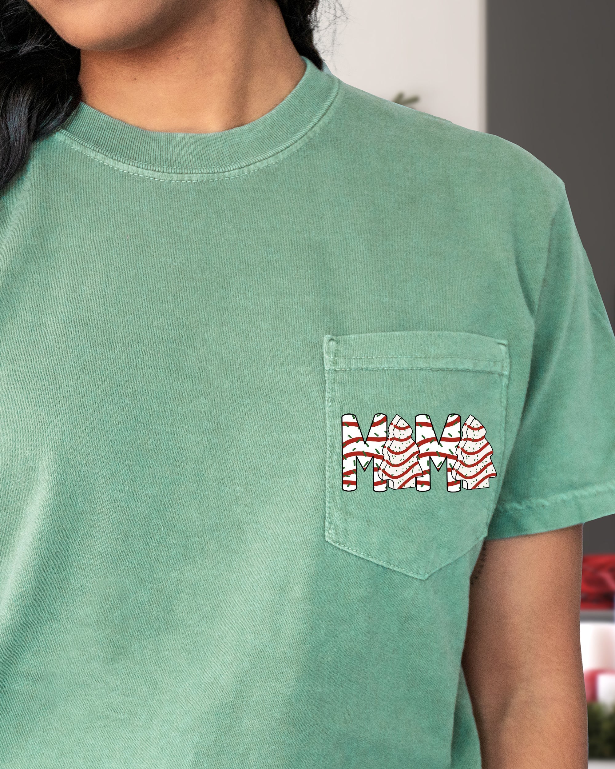 Mama Christmas Cakes Pocket Santa Snow Xmas Vintage Cozy Holiday Print Comfort Colors Tee