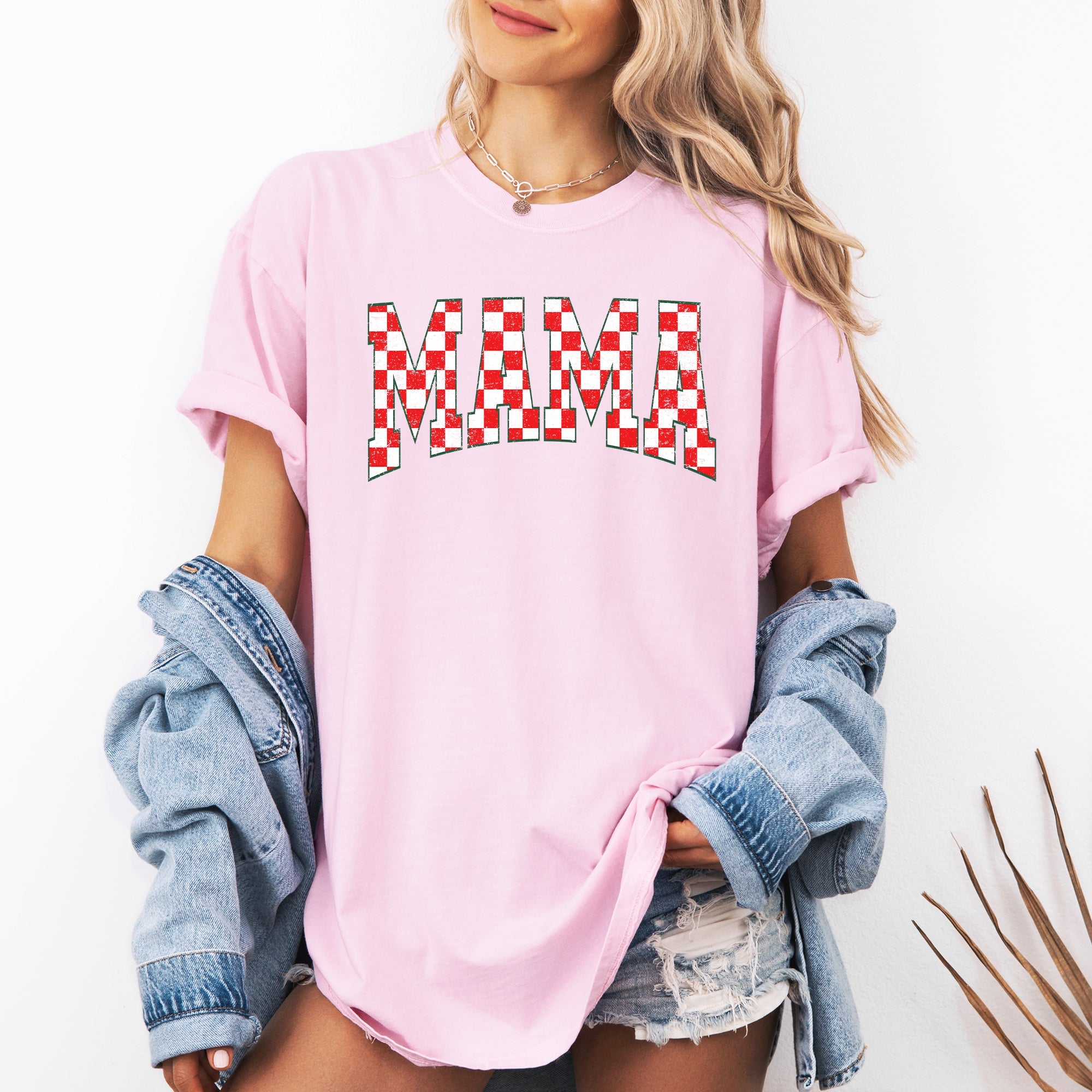 Mama Christmas Checkered Santa Varsity Retro Vintage Holiday Edition Comfort Colors Tee