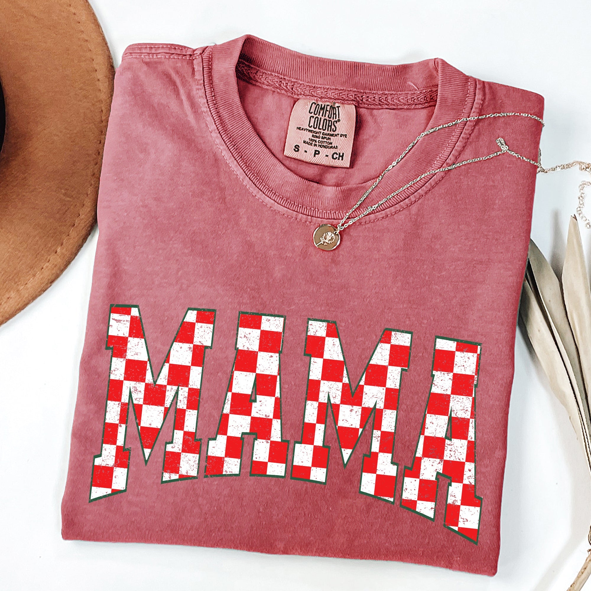 Mama Christmas Checkered Santa Varsity Retro Vintage Holiday Edition Comfort Colors Tee