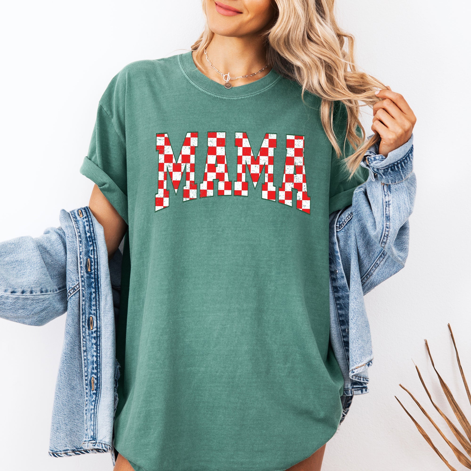 Mama Christmas Checkered Santa Varsity Retro Vintage Holiday Edition Comfort Colors Tee