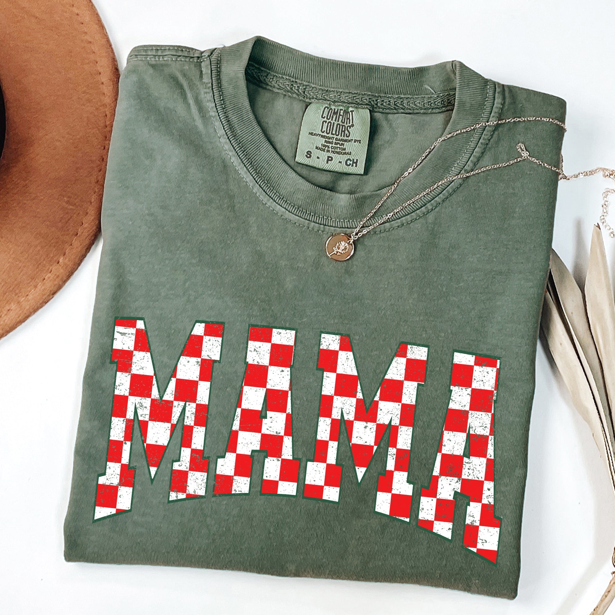 Mama Christmas Checkered Santa Varsity Retro Vintage Holiday Edition Comfort Colors Tee