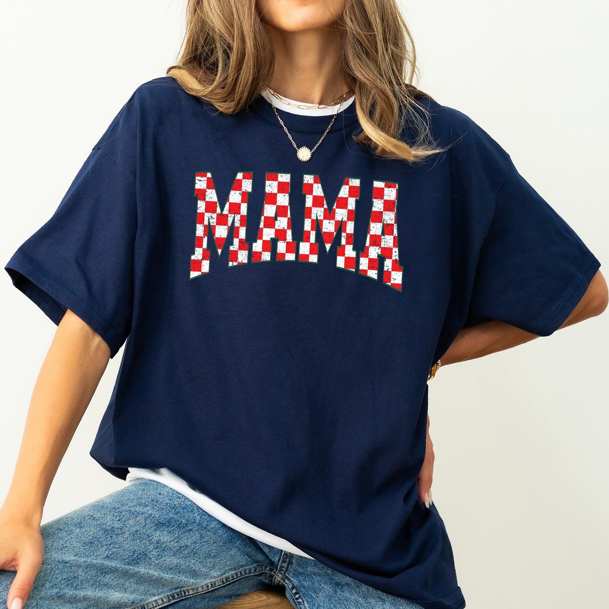Mama Christmas Checkered Santa Varsity Retro Vintage Holiday Edition Comfort Colors Tee
