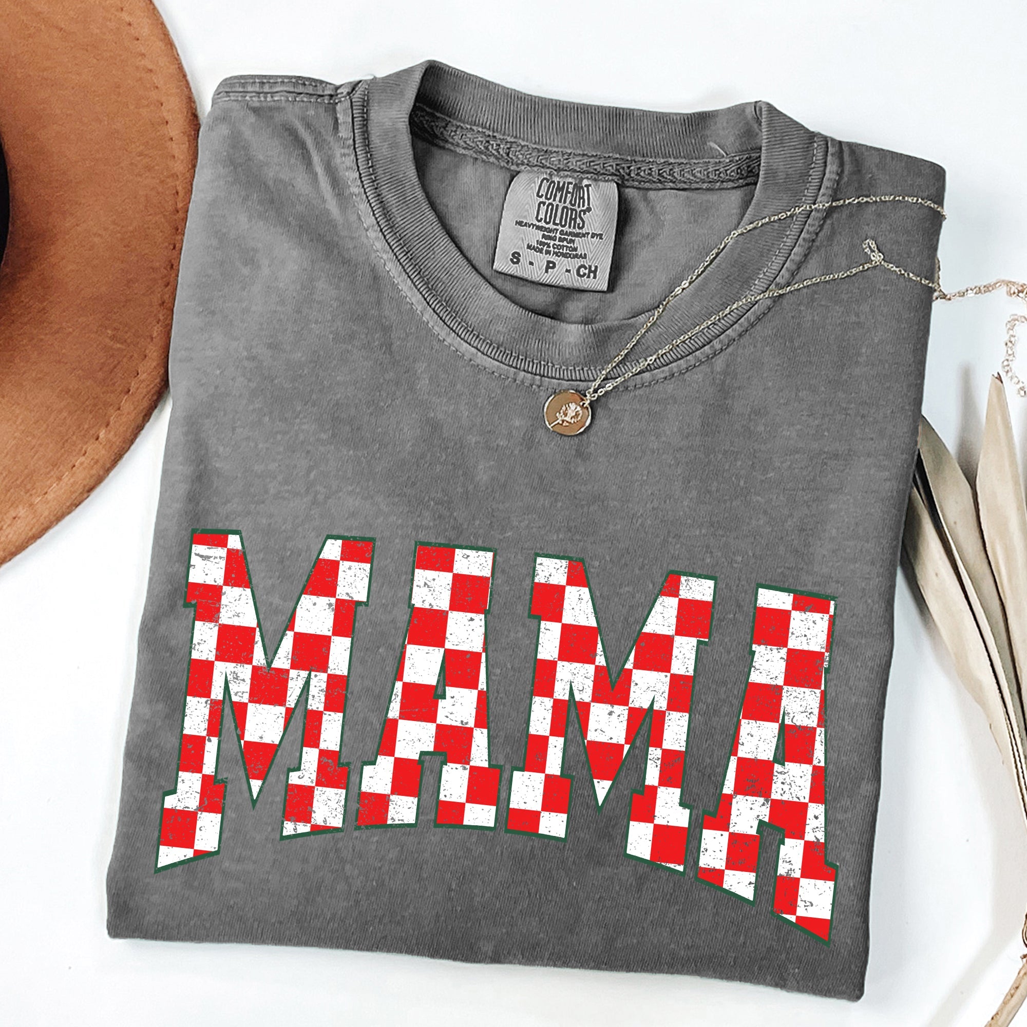 Mama Christmas Checkered Santa Varsity Retro Vintage Holiday Edition Comfort Colors Tee