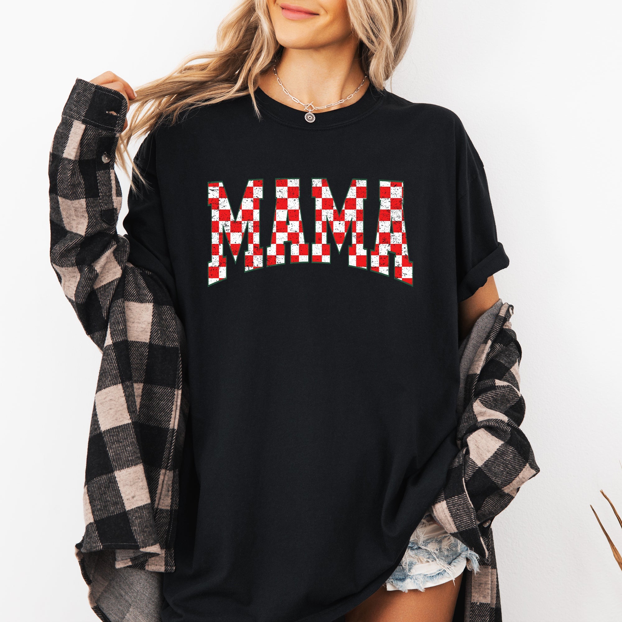 Mama Christmas Checkered Santa Varsity Retro Vintage Holiday Edition Comfort Colors Tee