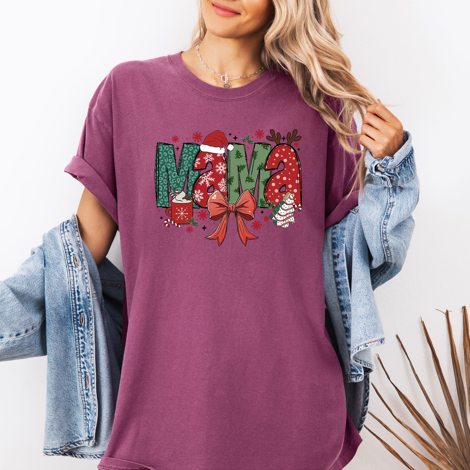 Mama Christmas Fun Reindeer Hot Chocolate Cake Holiday Family Theme Comfort Colors Tee