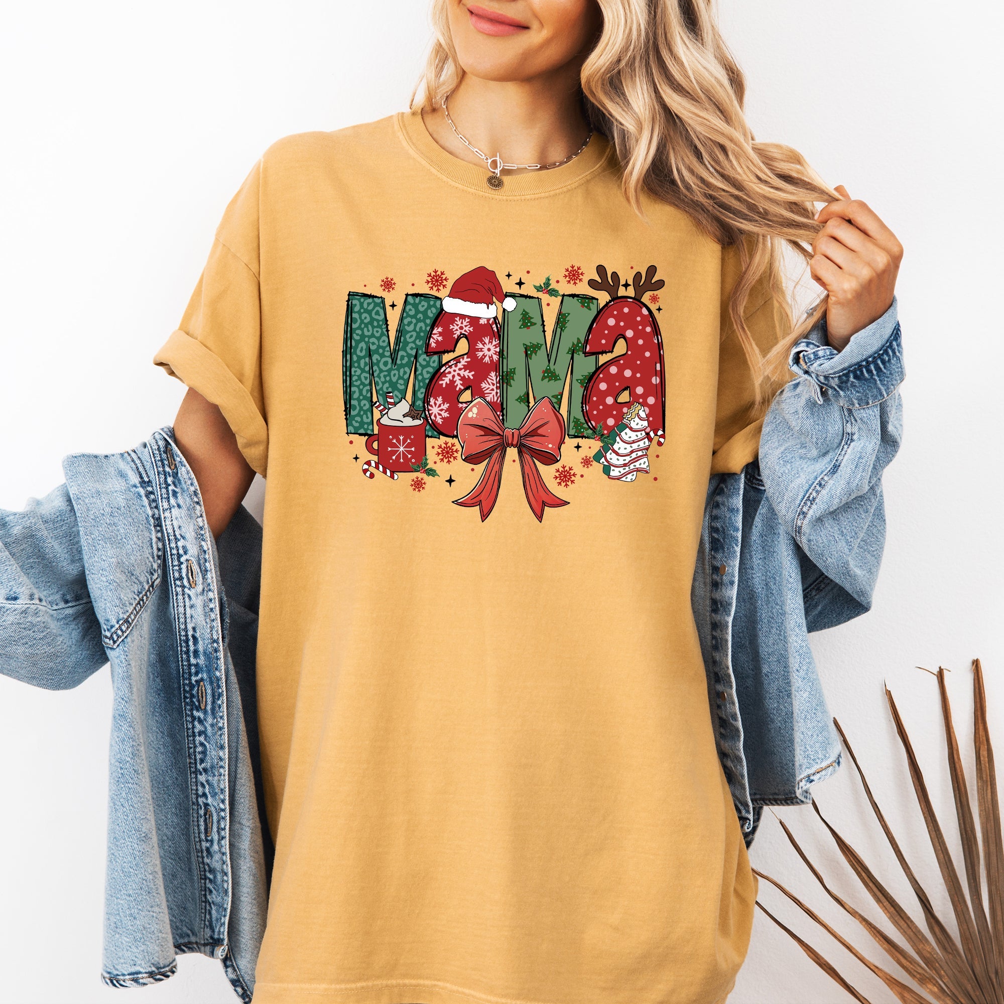 Mama Christmas Fun Reindeer Hot Chocolate Cake Holiday Family Theme Comfort Colors Tee