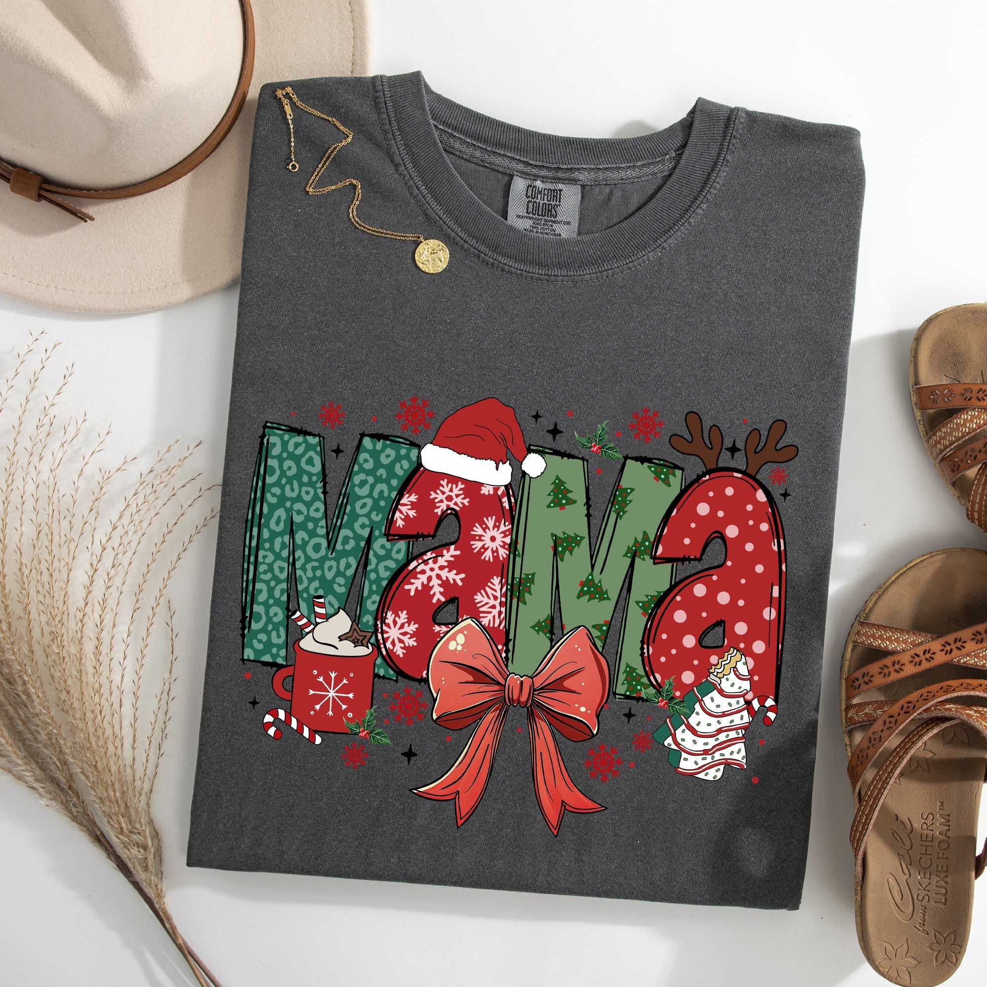 Mama Christmas Fun Reindeer Hot Chocolate Cake Holiday Family Theme Comfort Colors Tee