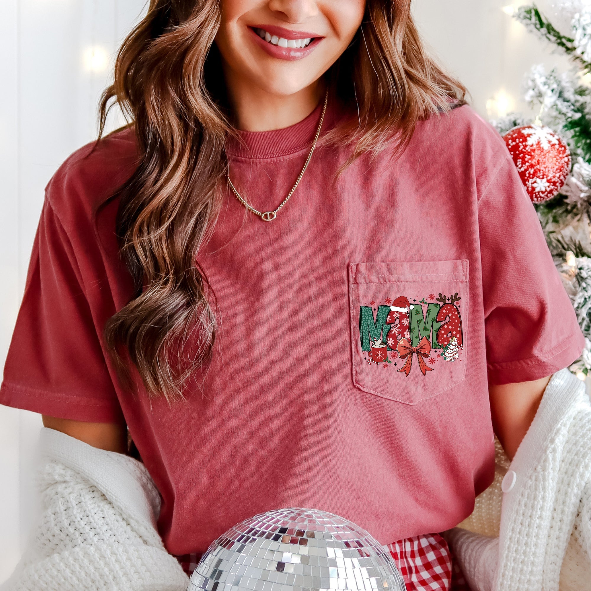 Mama Christmas Retro Reindeer Santa Cakes Hot Chocolate Vintage Comfort Colors Tee