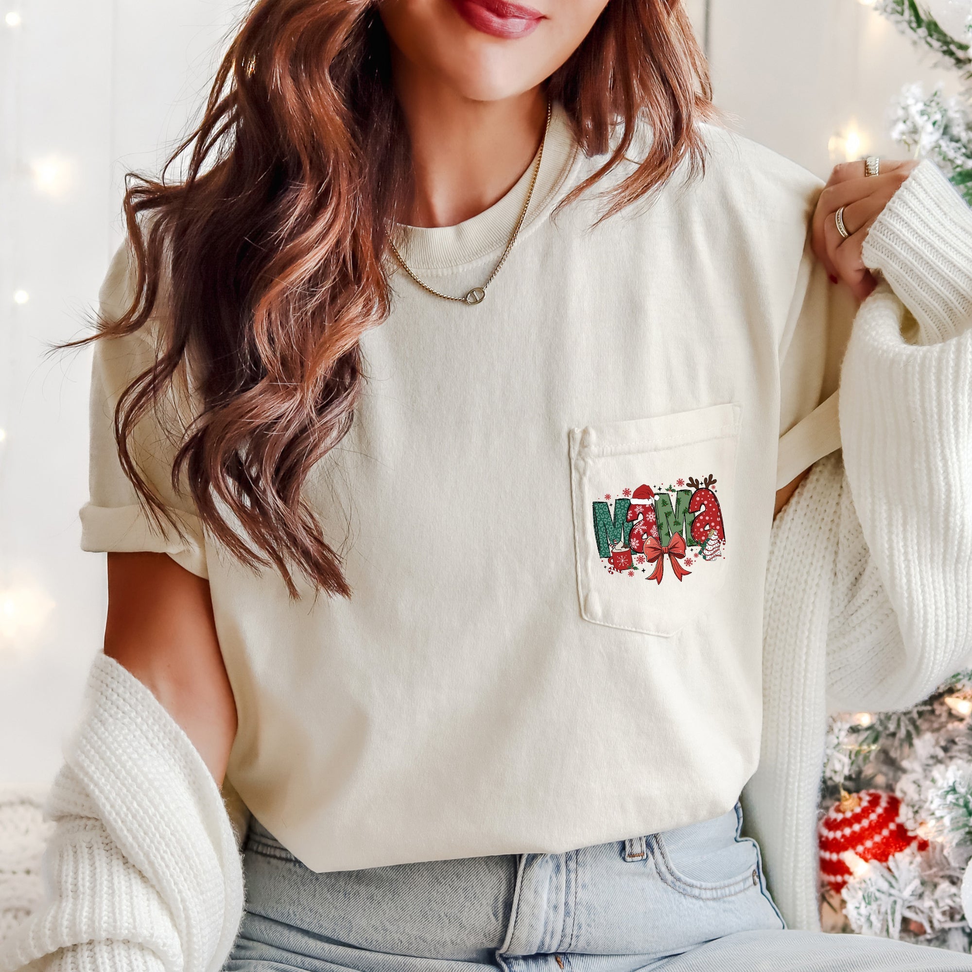 Mama Christmas Retro Reindeer Santa Cakes Hot Chocolate Vintage Comfort Colors Tee