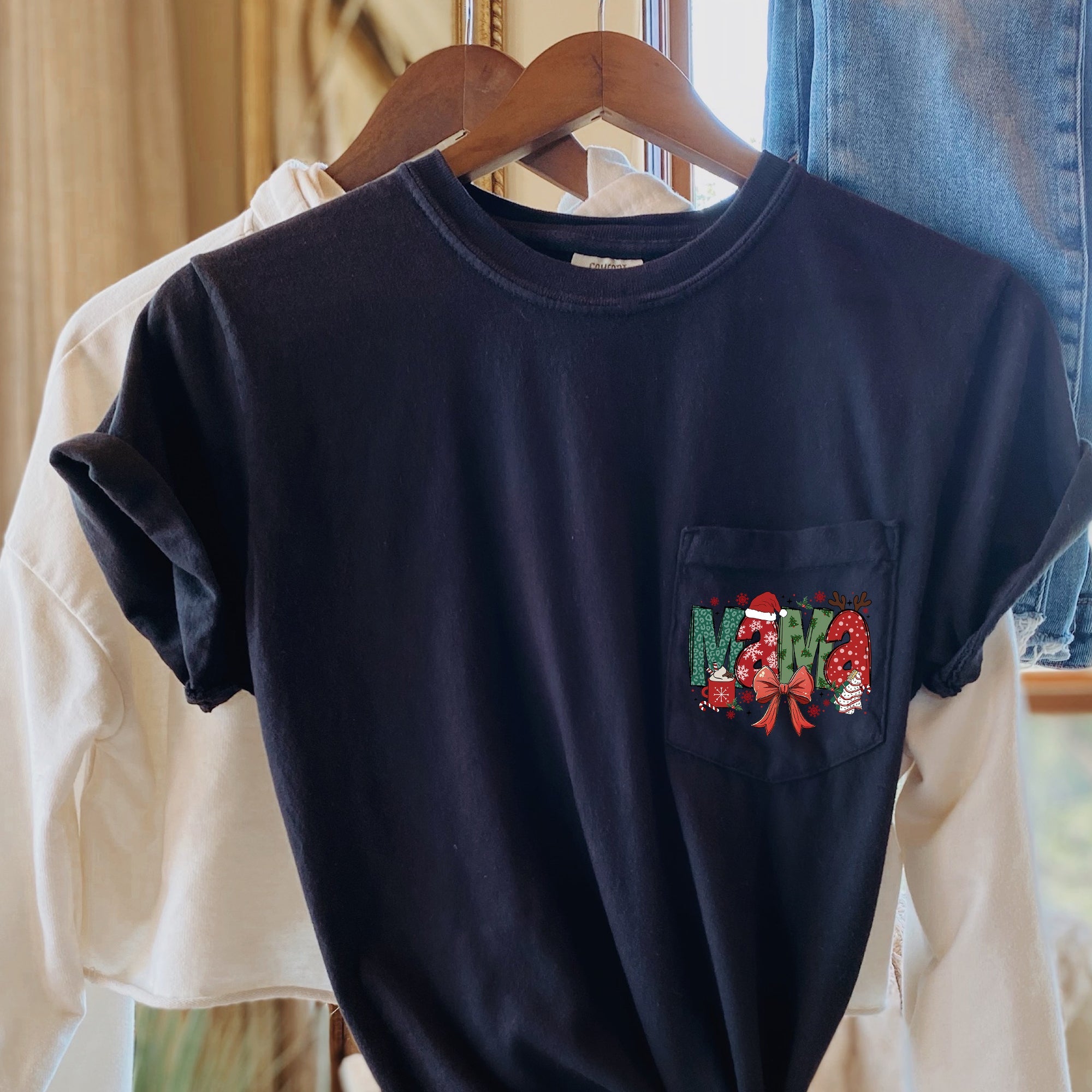 Mama Christmas Retro Reindeer Santa Cakes Hot Chocolate Vintage Comfort Colors Tee