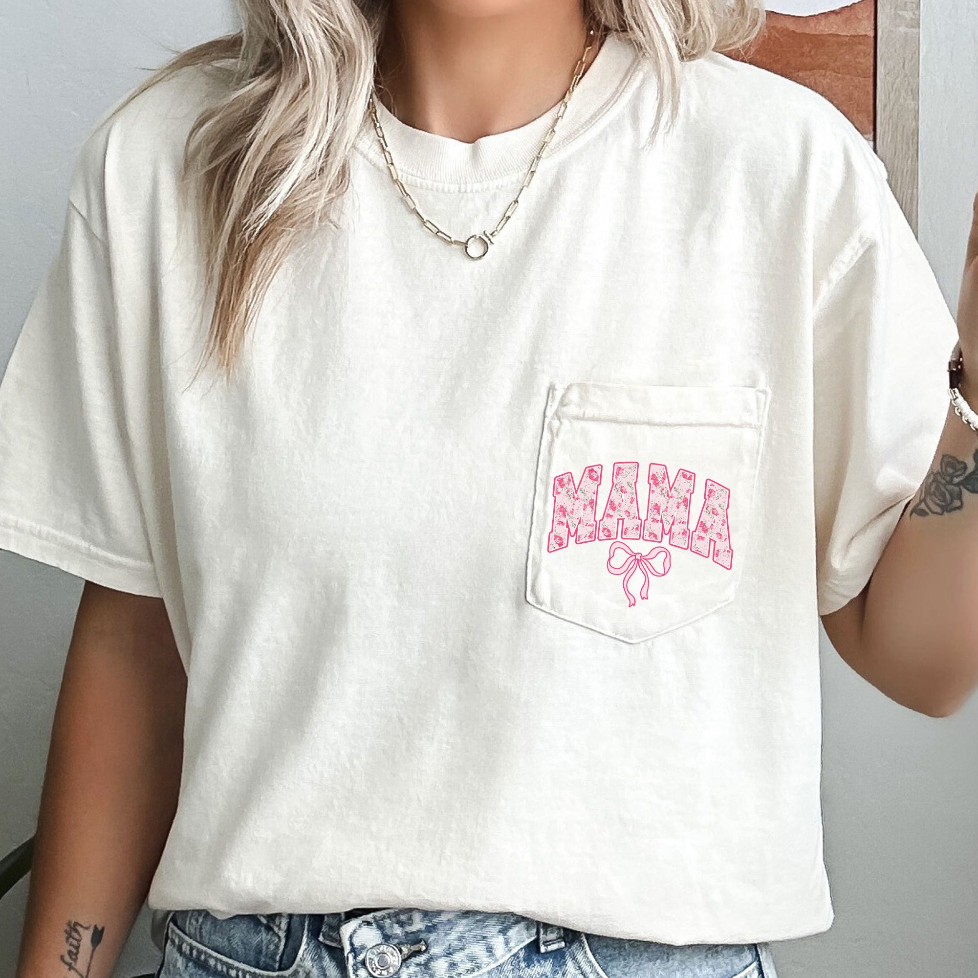 Mama, Coquette, Pocket, Ribbons, Bows Comfort Colors Tee