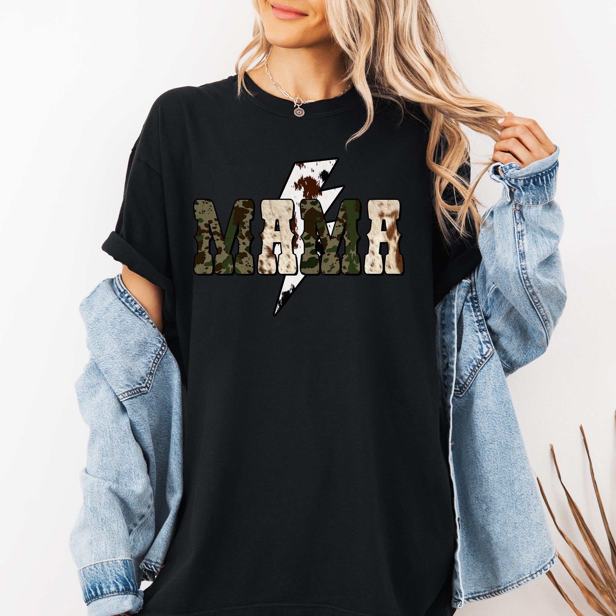 Mama Cow Print Checkered Lightning Bolt Retro Mother's Day Celebration Comfort Colors Tee