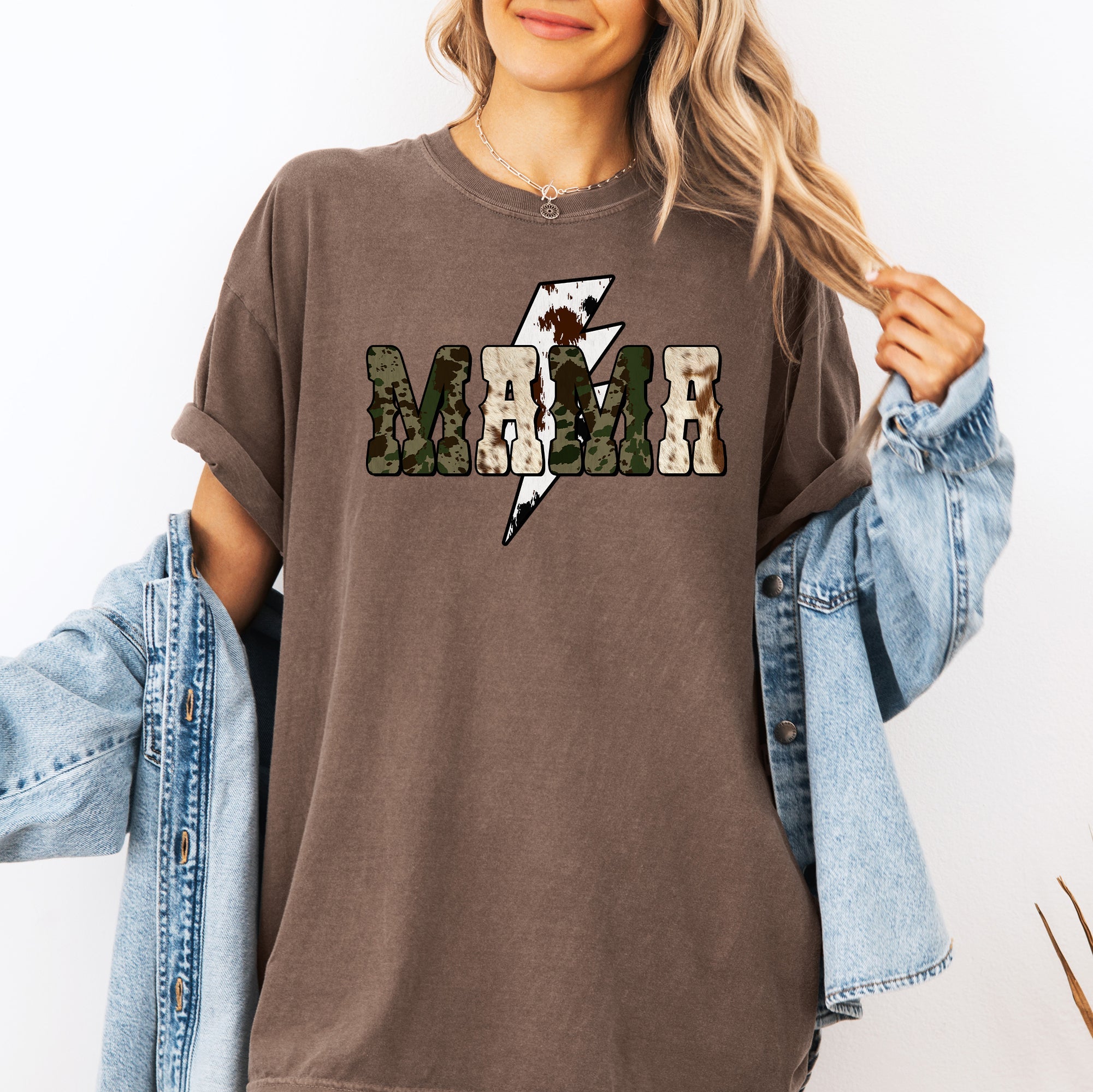Mama Cow Print Checkered Lightning Bolt Retro Mother's Day Celebration Comfort Colors Tee