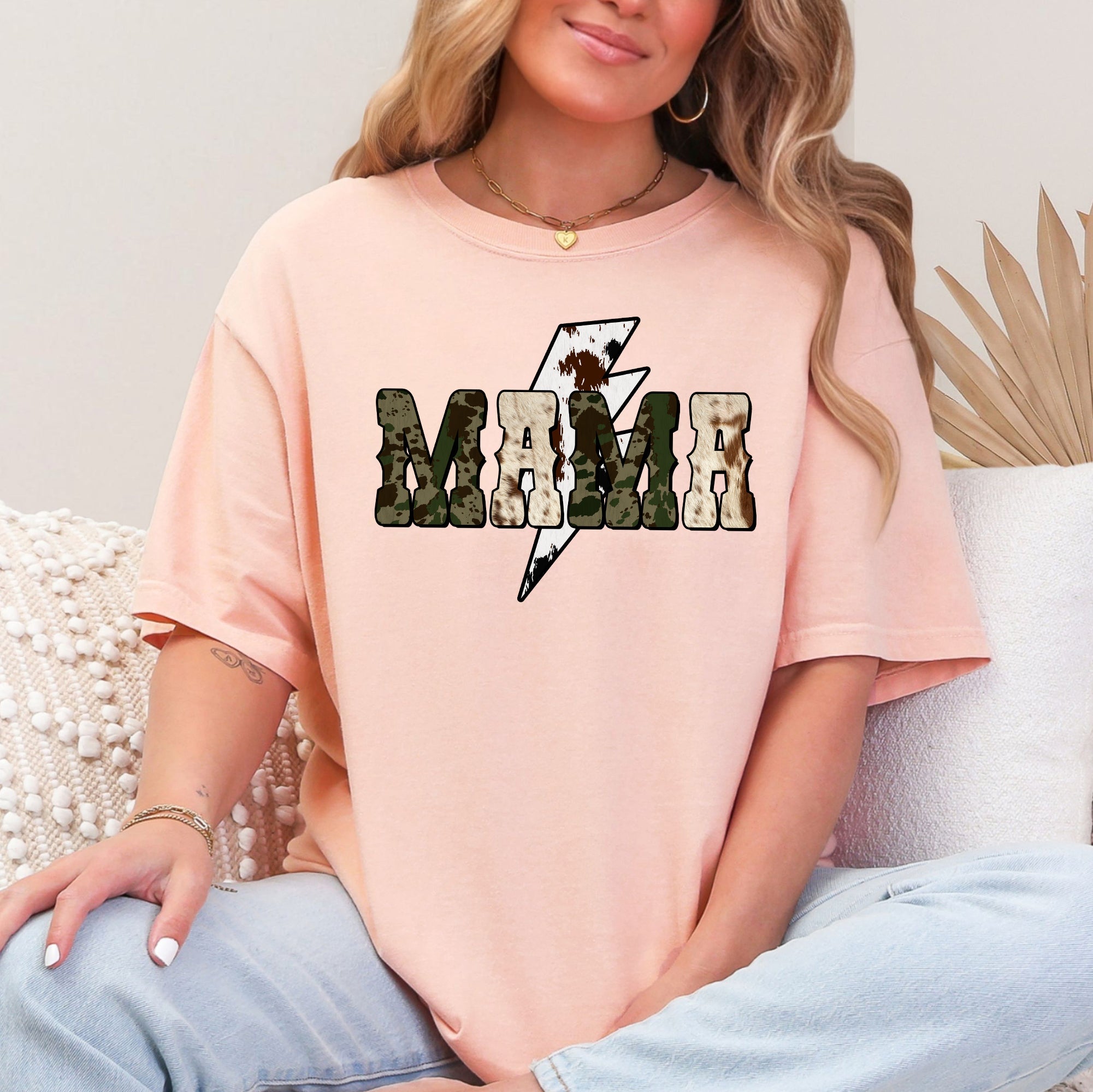 Mama Cow Print Checkered Lightning Bolt Retro Mother's Day Celebration Comfort Colors Tee