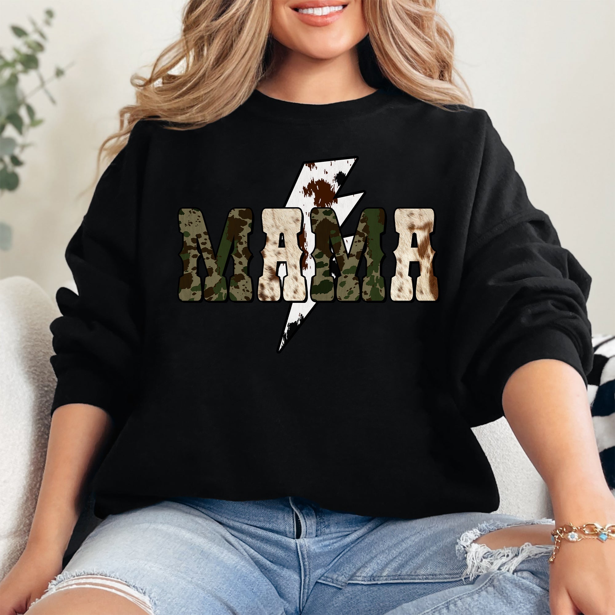 Mama Cow Print Checkered Lightning Bolt Retro Mother's Day Cozy Vintage Sweatshirt