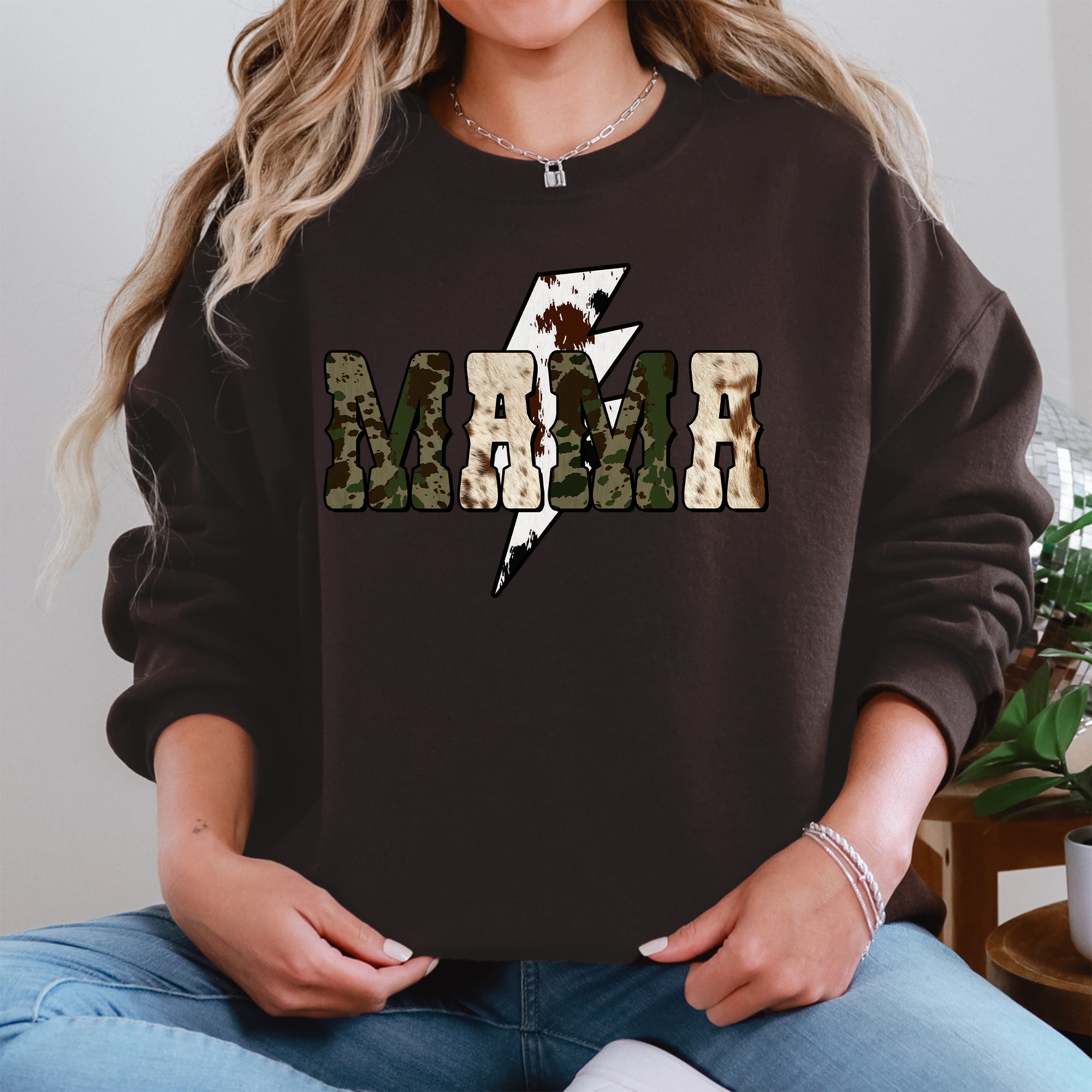 Mama Cow Print Checkered Lightning Bolt Retro Mother's Day Cozy Vintage Sweatshirt