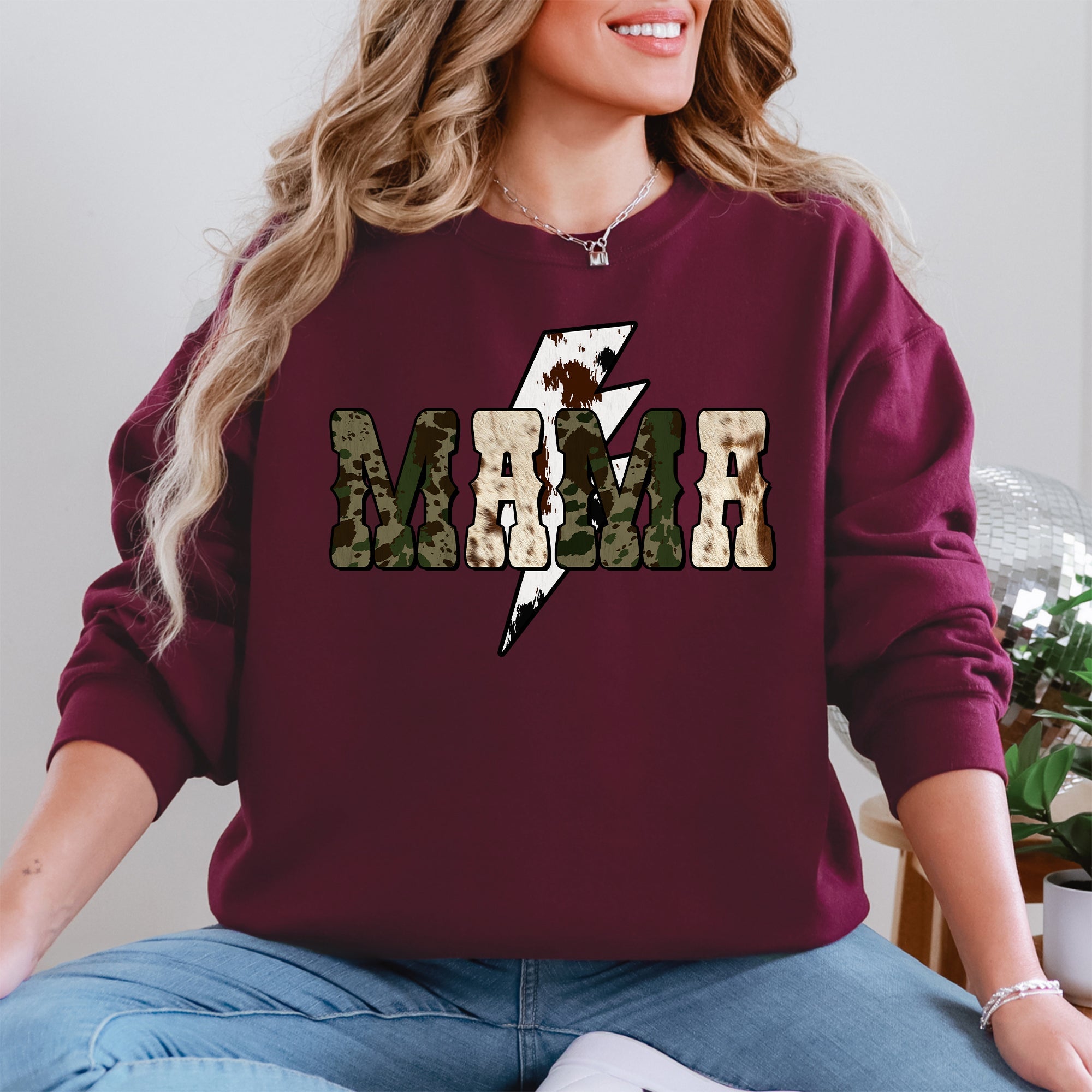 Mama Cow Print Checkered Lightning Bolt Retro Mother's Day Cozy Vintage Sweatshirt