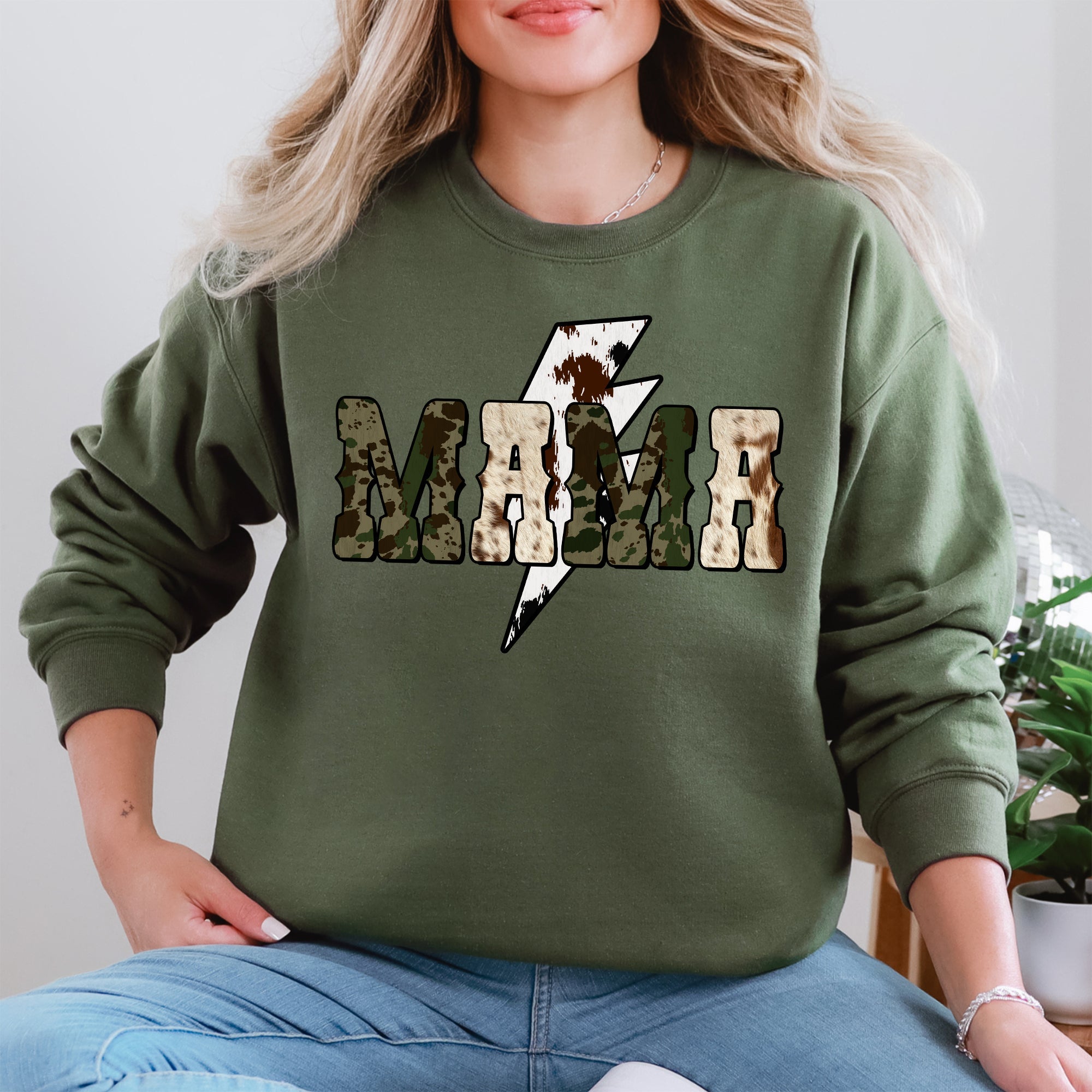 Mama Cow Print Checkered Lightning Bolt Retro Mother's Day Cozy Vintage Sweatshirt