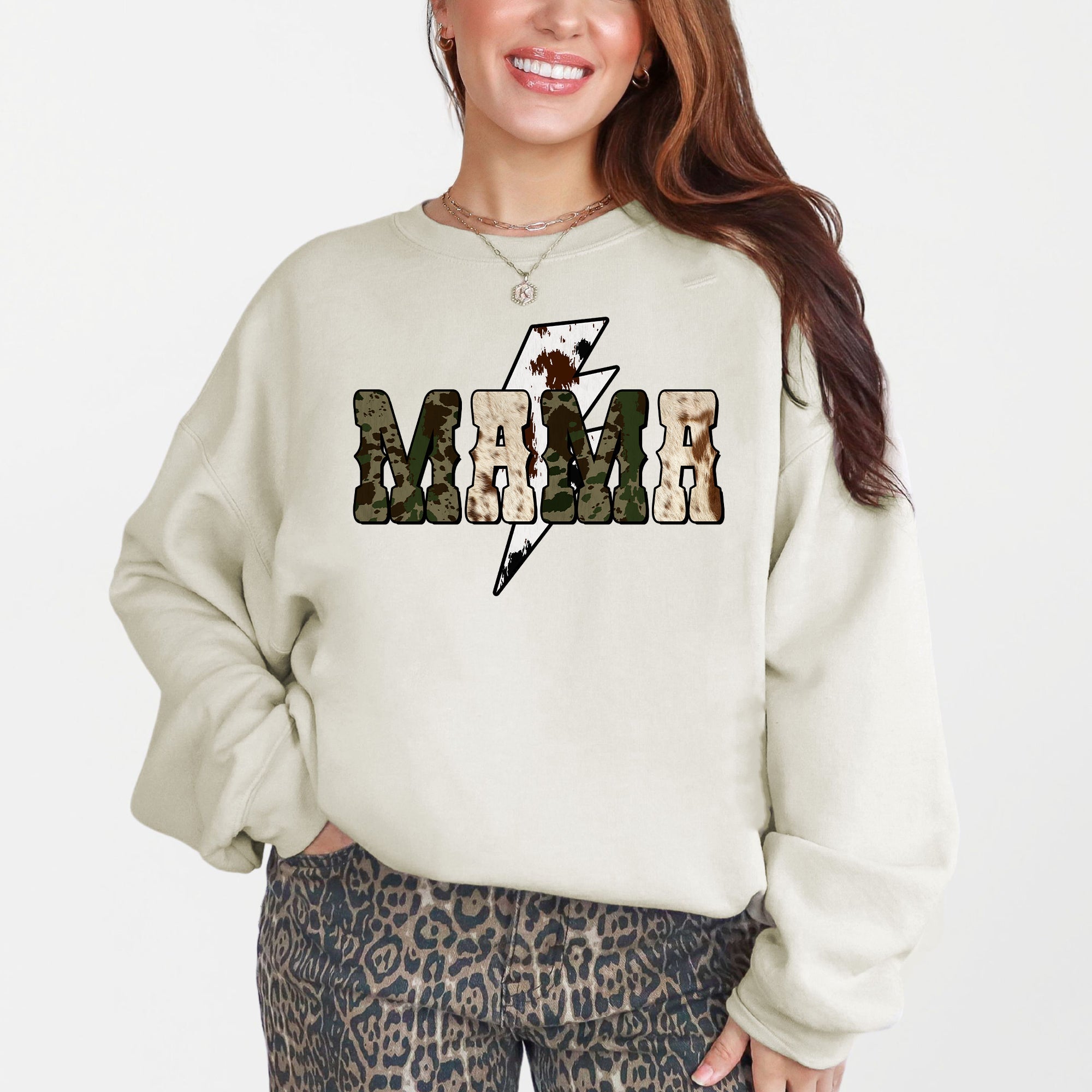 Mama Cow Print Checkered Lightning Bolt Retro Mother's Day Cozy Vintage Sweatshirt