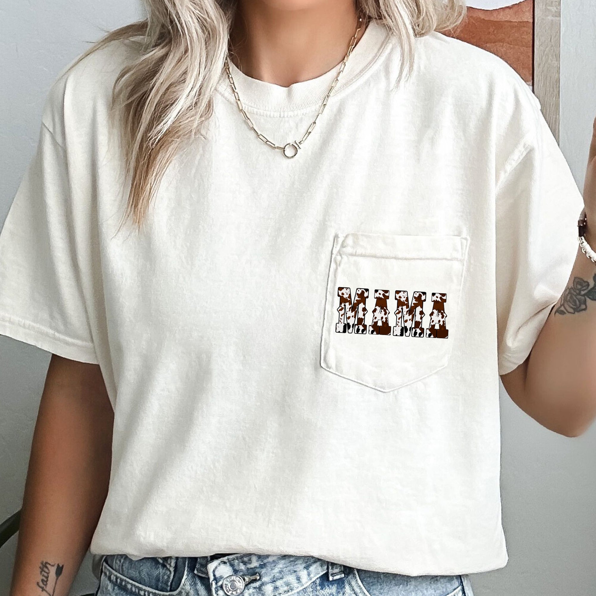 Mama Cow Print Western Cowboy Pocket Vintage Western Country Style Comfort Colors Tee