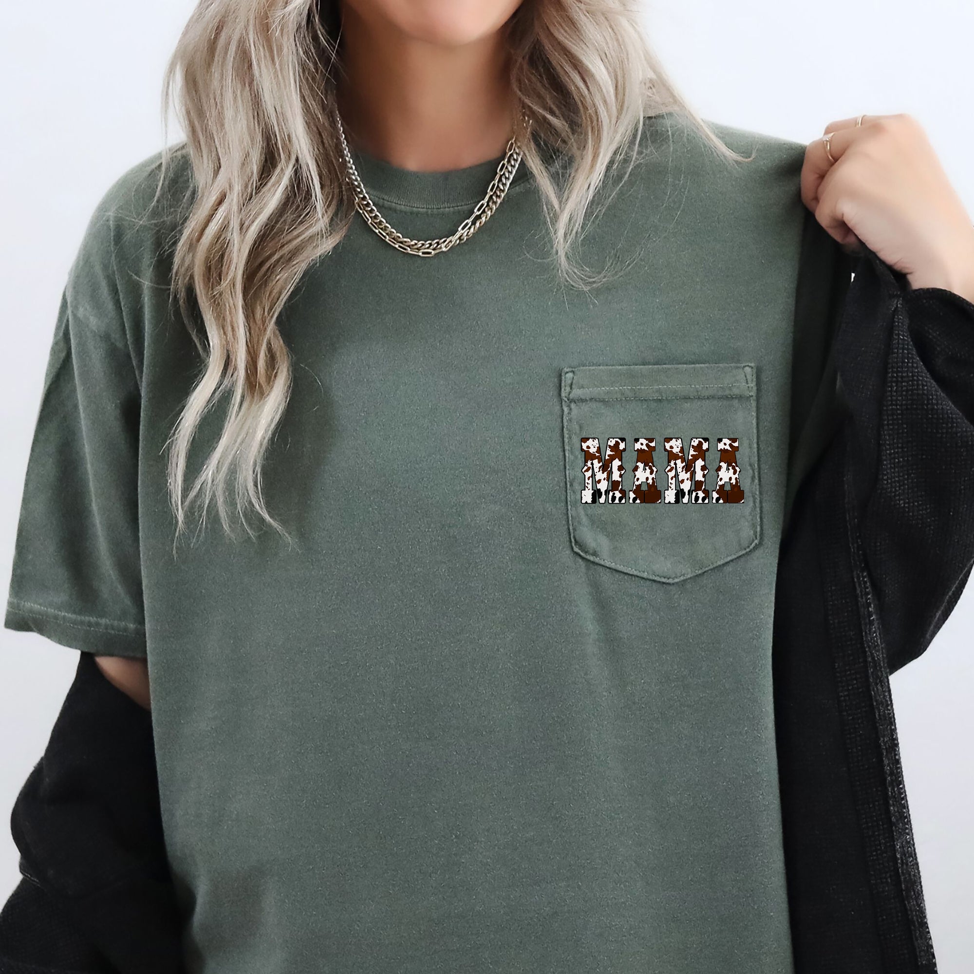 Mama Cow Print Western Cowboy Pocket Vintage Western Country Style Comfort Colors Tee
