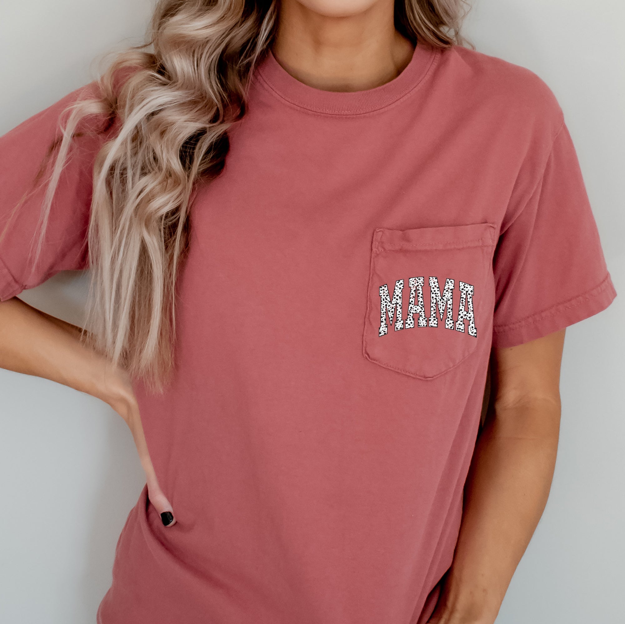Mama Dalmatian Print Vintage Inspired Retro Pocket Design For Everyday Wear Comfort Colors Tee