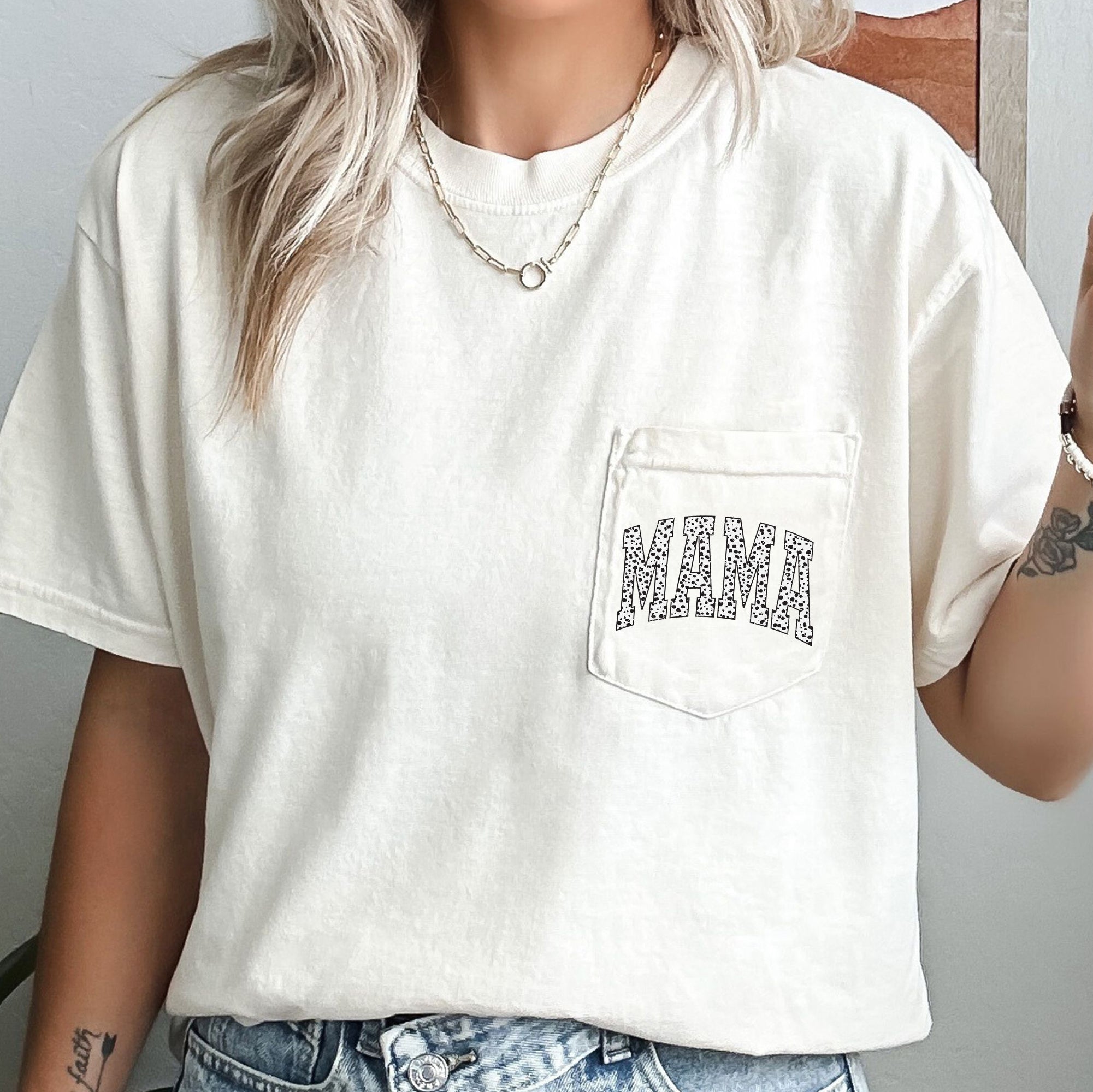 Mama Dalmatian Print Vintage Inspired Retro Pocket Design For Everyday Wear Comfort Colors Tee