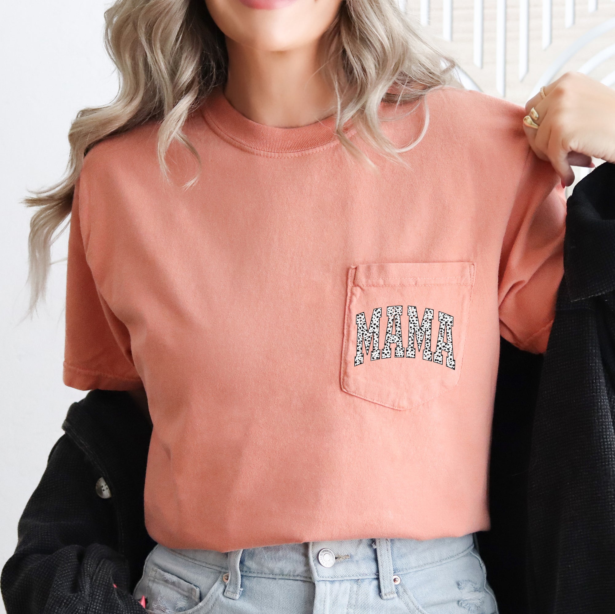 Mama Dalmatian Print Vintage Inspired Retro Pocket Design For Everyday Wear Comfort Colors Tee