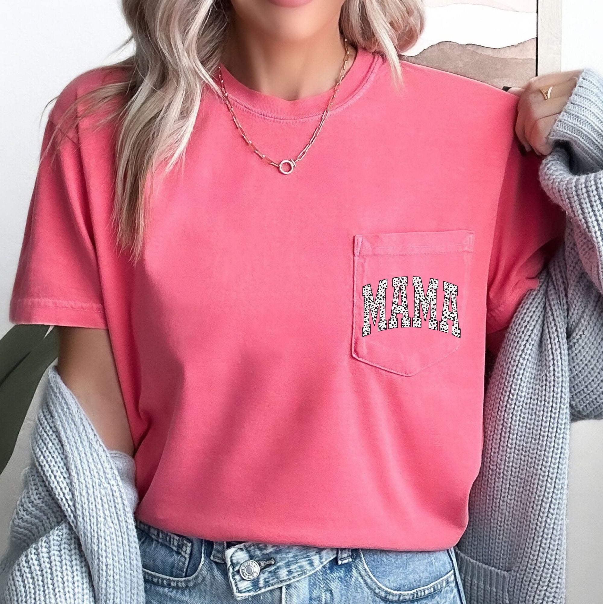 Mama Dalmatian Print Vintage Inspired Retro Pocket Design For Everyday Wear Comfort Colors Tee