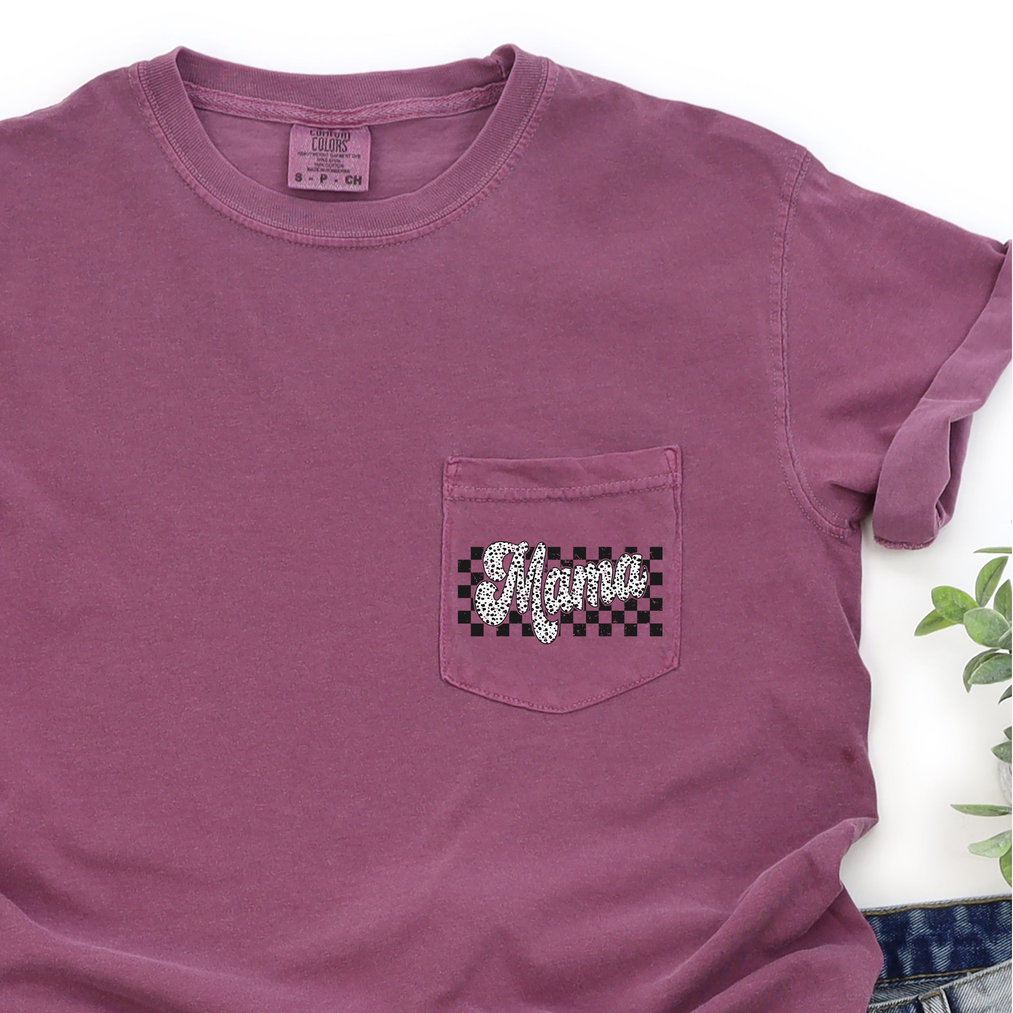Mama Dalmatian Checkered Pocket Vintage Charm Classic Dog Lover Illustration Comfort Colors Tee