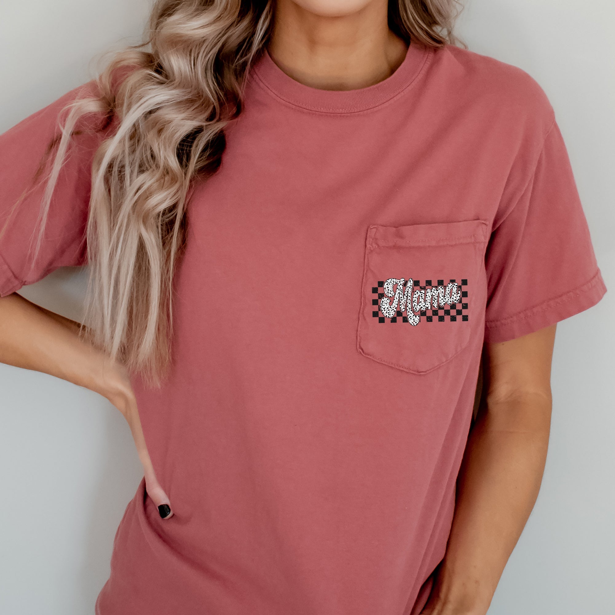 Mama Dalmatian Checkered Pocket Vintage Charm Classic Dog Lover Illustration Comfort Colors Tee