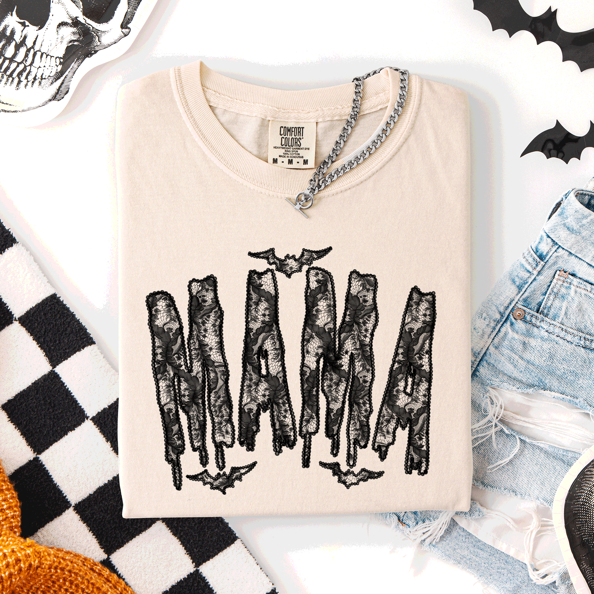 Mama Faux Lace Halloween Coquette Cute Fashion Statement Special Edition Comfort Colors Tee