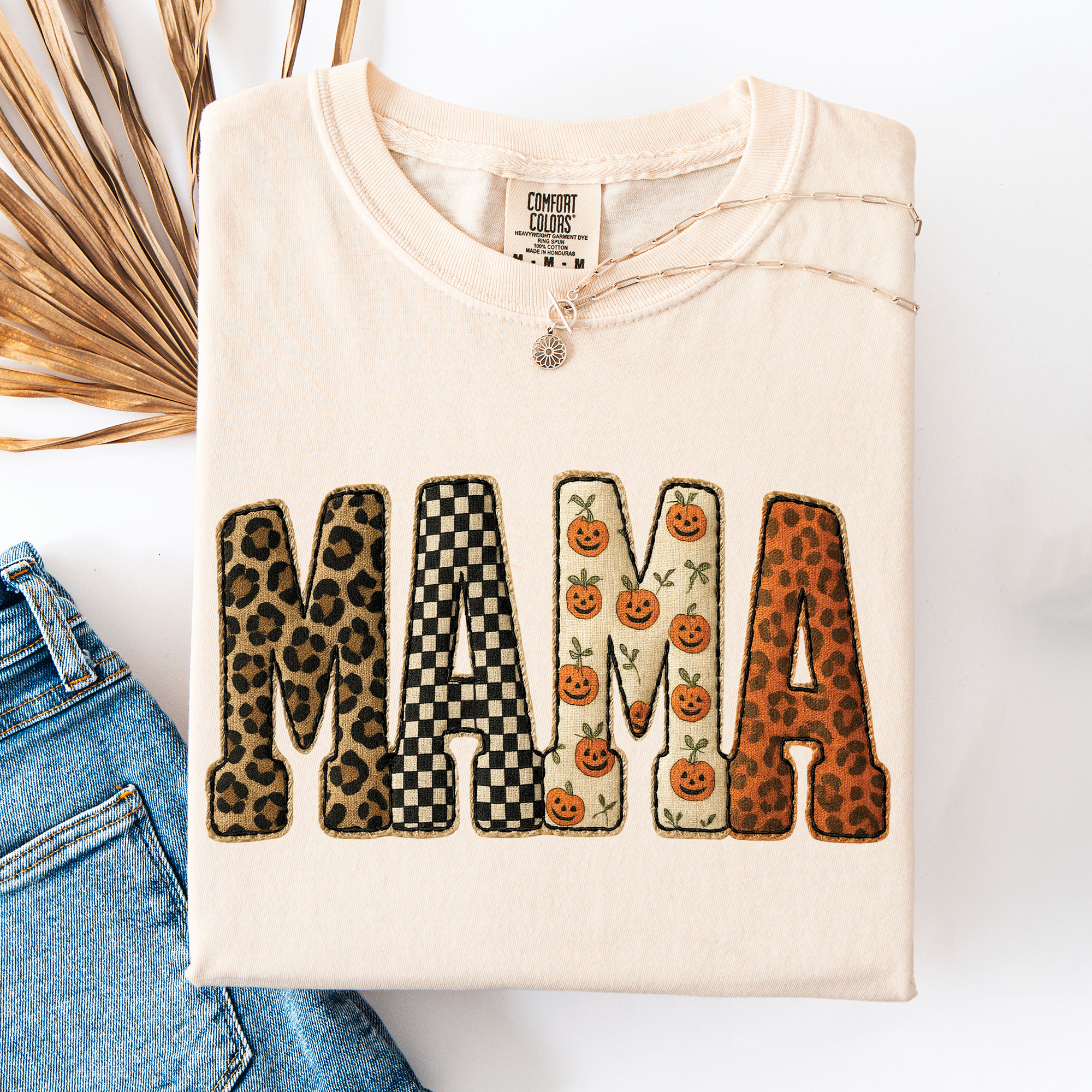 Mama Halloween Pattern Leopard Print Checkered Pumpkin Seasonal Comfort Colors Tee