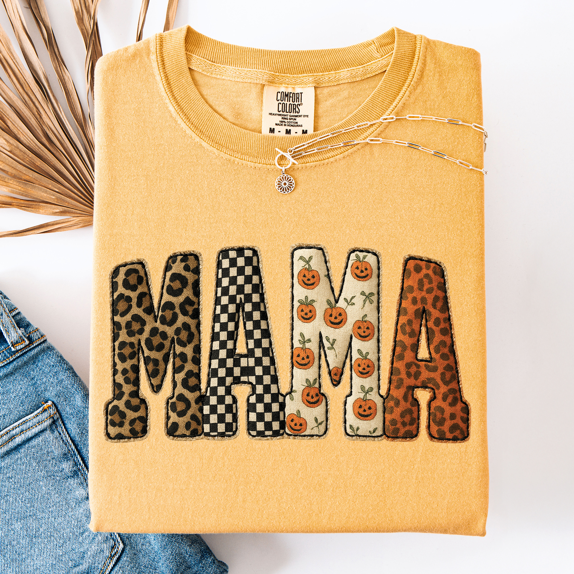 Mama Halloween Pattern Leopard Print Checkered Pumpkin Seasonal Comfort Colors Tee