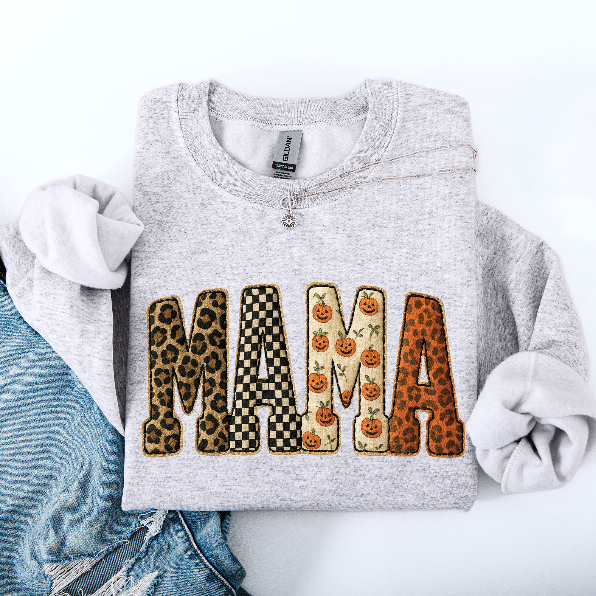 Vintage Mama Halloween Patchwork Leopard Print Checkered Pumpkin Pattern Sweatshirt