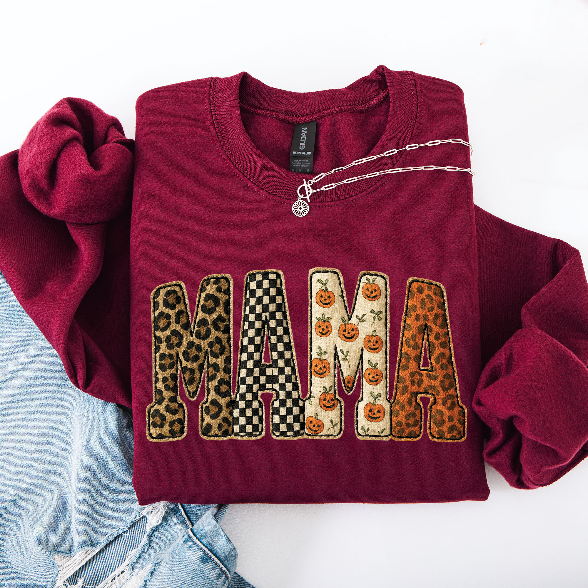 Vintage Mama Halloween Patchwork Leopard Print Checkered Pumpkin Pattern Sweatshirt