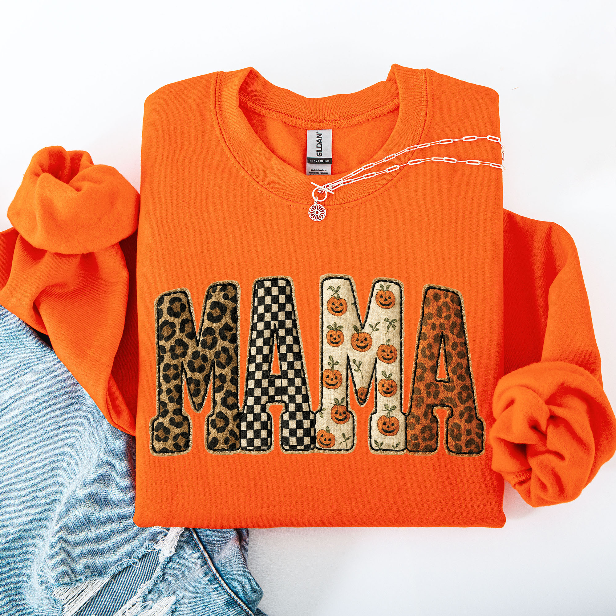 Vintage Mama Halloween Patchwork Leopard Print Checkered Pumpkin Pattern Sweatshirt