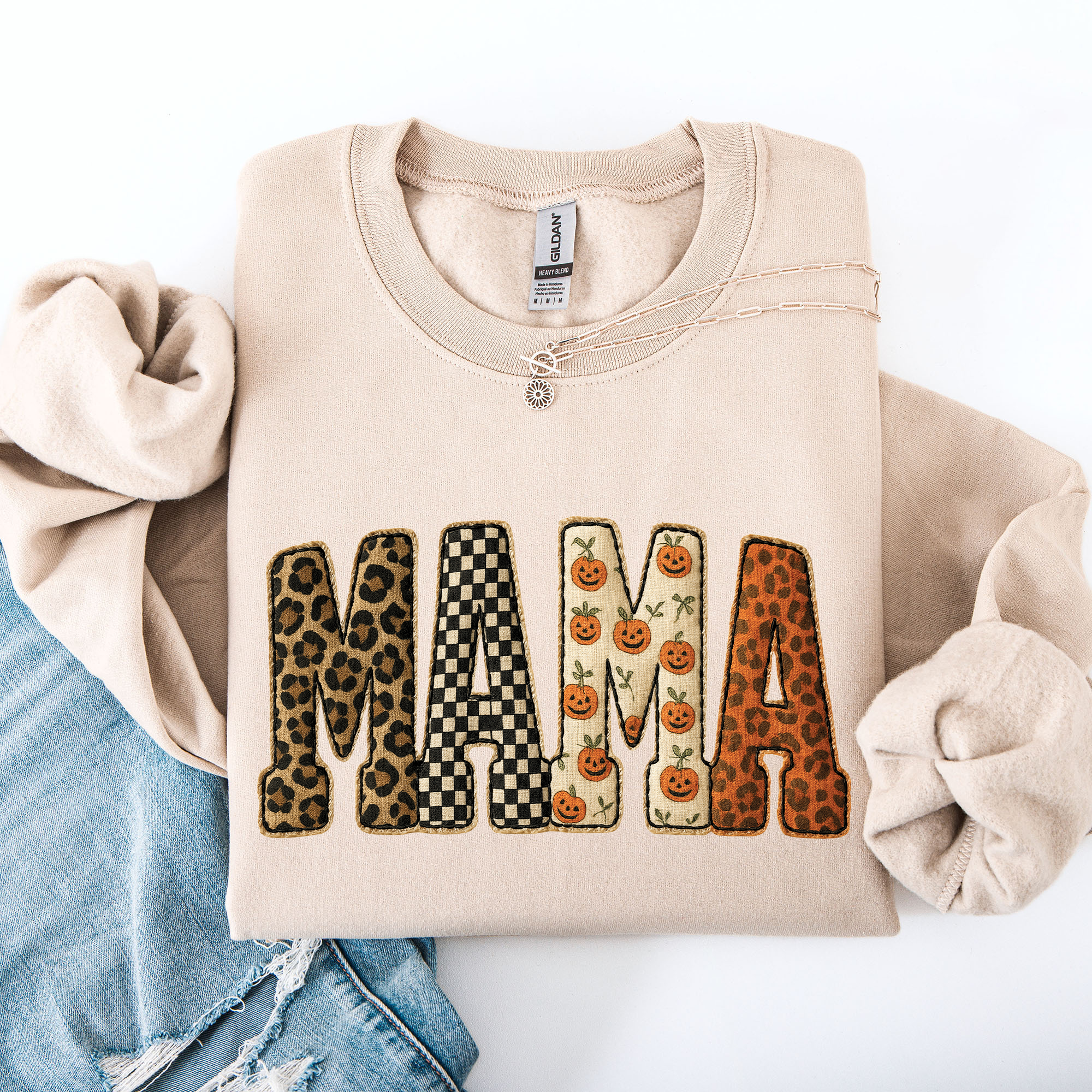 Vintage Mama Halloween Patchwork Leopard Print Checkered Pumpkin Pattern Sweatshirt