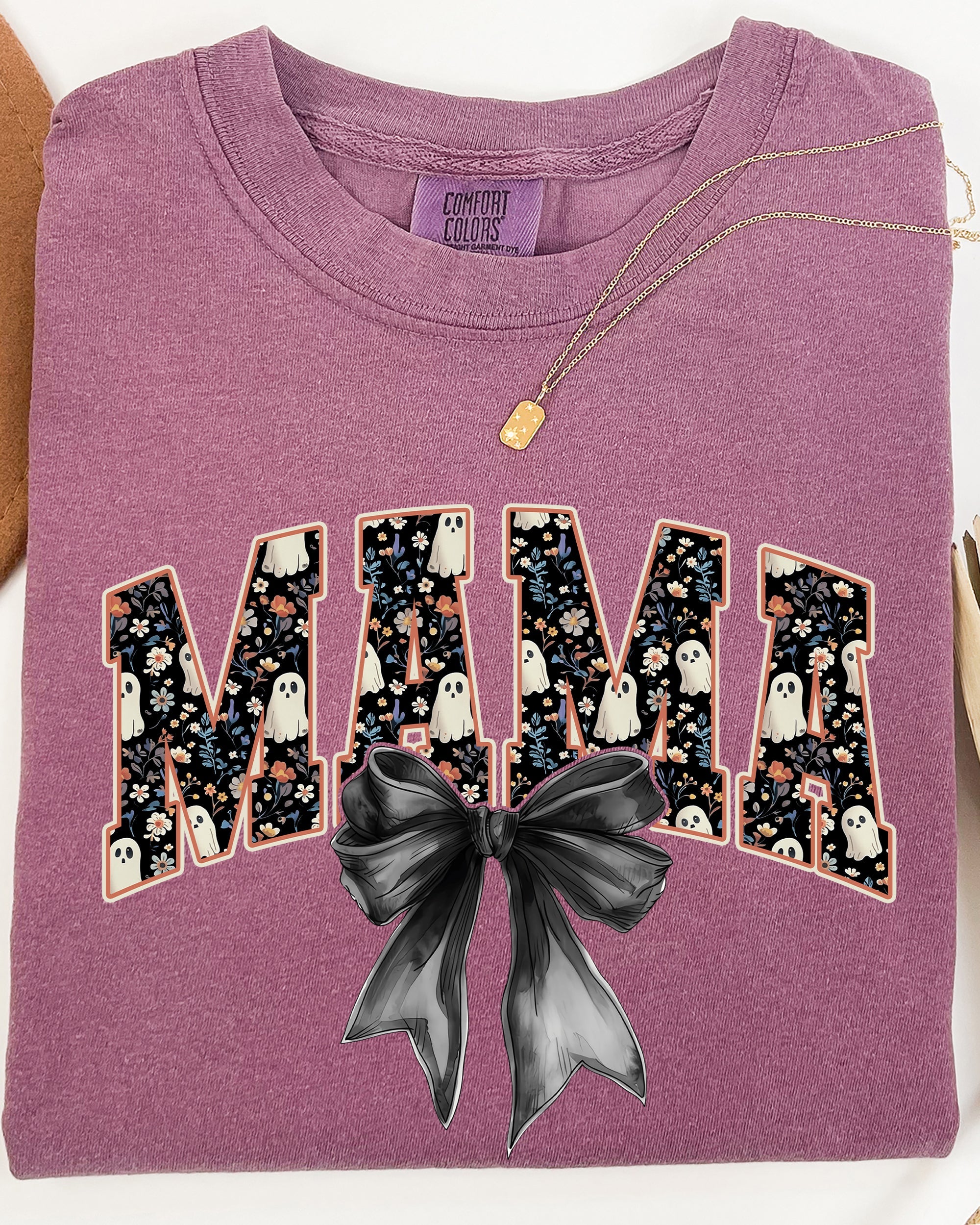 Mama Halloween Bow Ribbon Goth Spooky Witch Varsity Collegiate Comfort Colors Tee