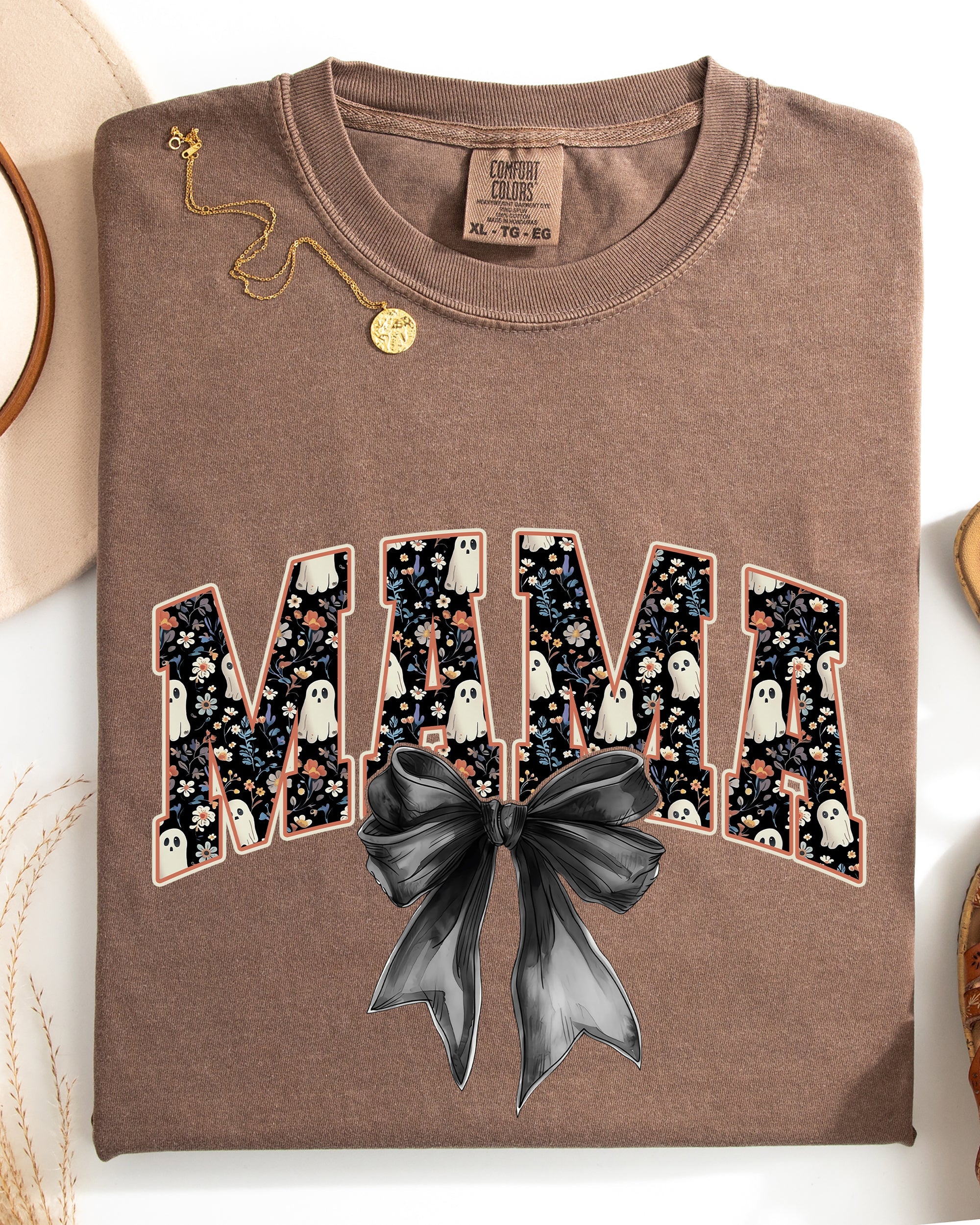 Mama Halloween Bow Ribbon Goth Spooky Witch Varsity Collegiate Comfort Colors Tee